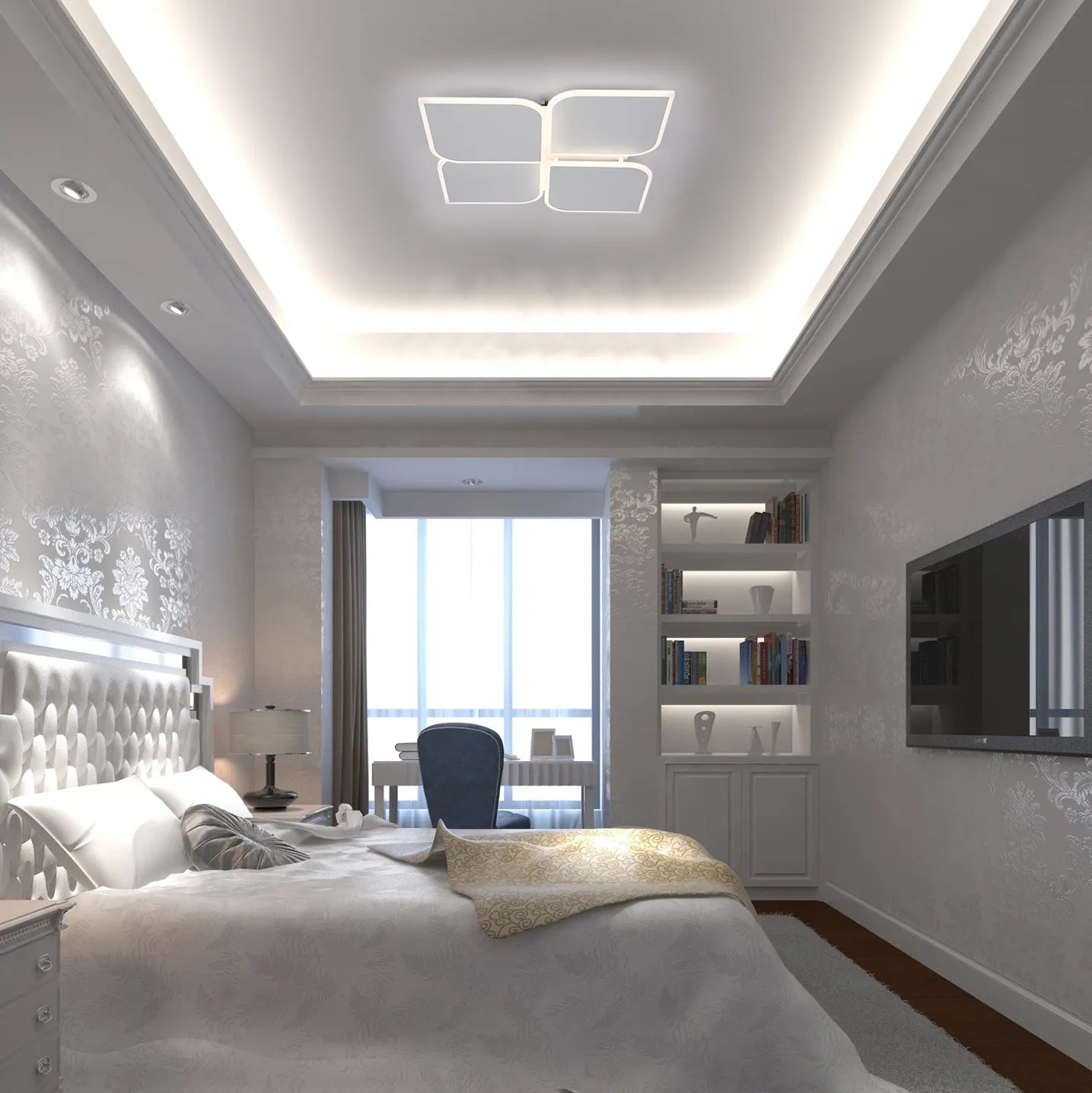 Bedroom with recessed lights, strip lights and a modern ceiling light casting a bright, inviting glow.