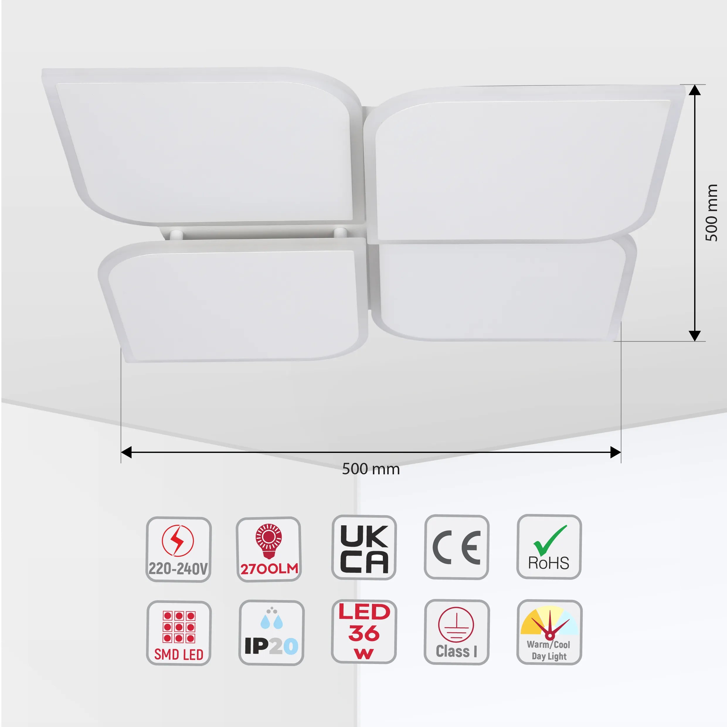 Modern 36W LED ceiling light with warm/cool daylight option. Square design, 500mm x 500mm, RoHS compliant.