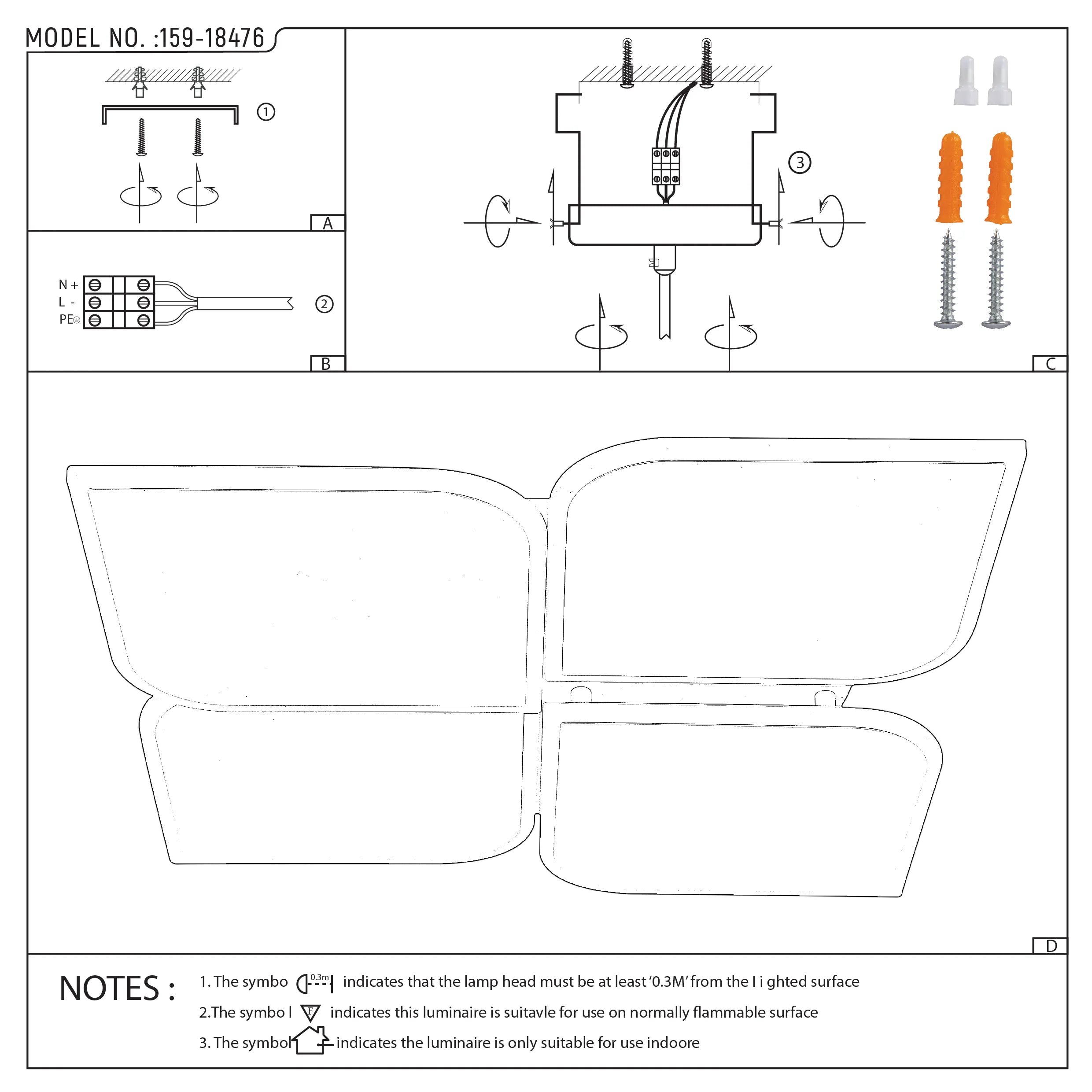 Technical diagram for a four-bulb light fixture, showing wiring, plus wall- and ceiling-mounting details and safety information.