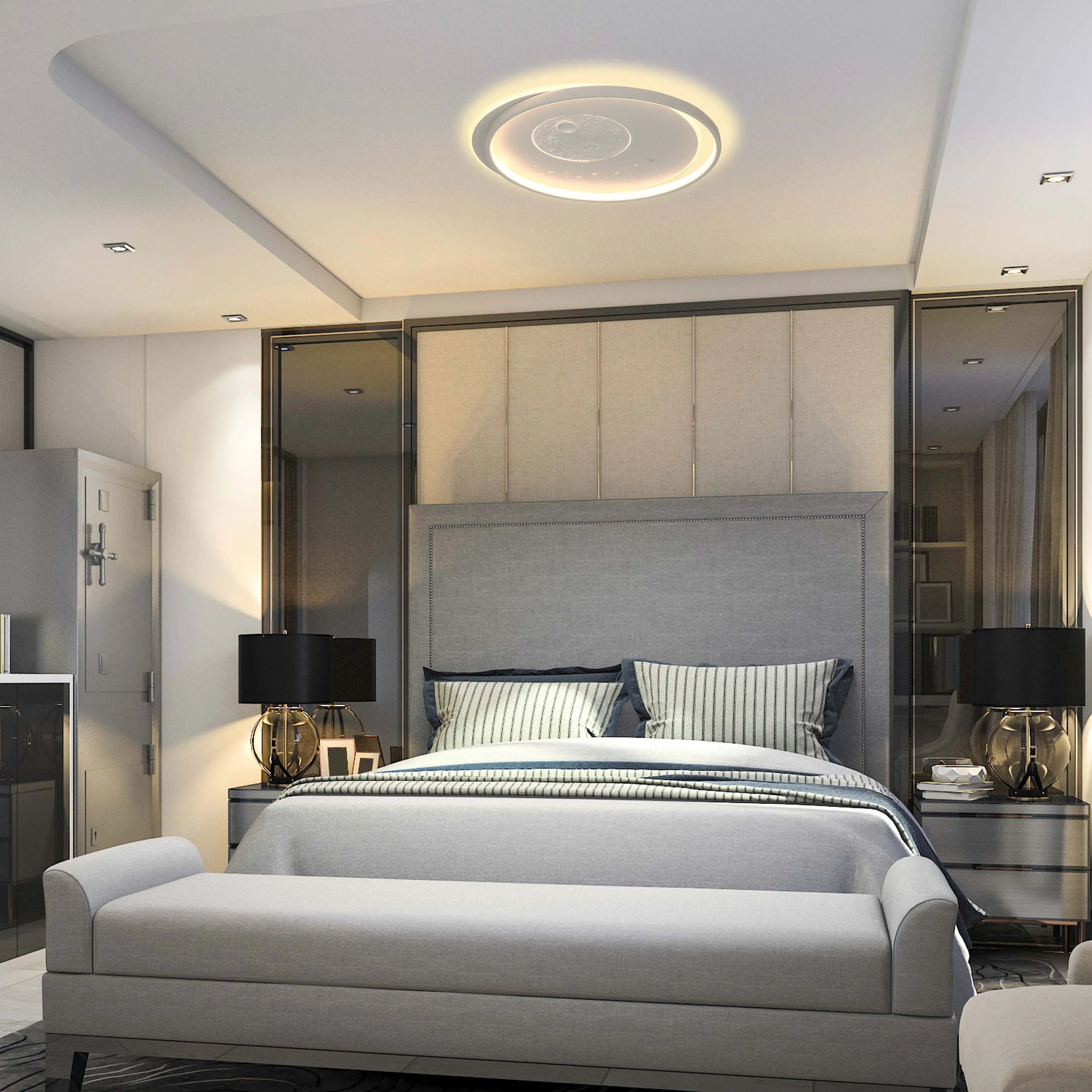 This bedroom features a halo ceiling light, bedside lamps, and recessed spot lighting to illuminate the space.