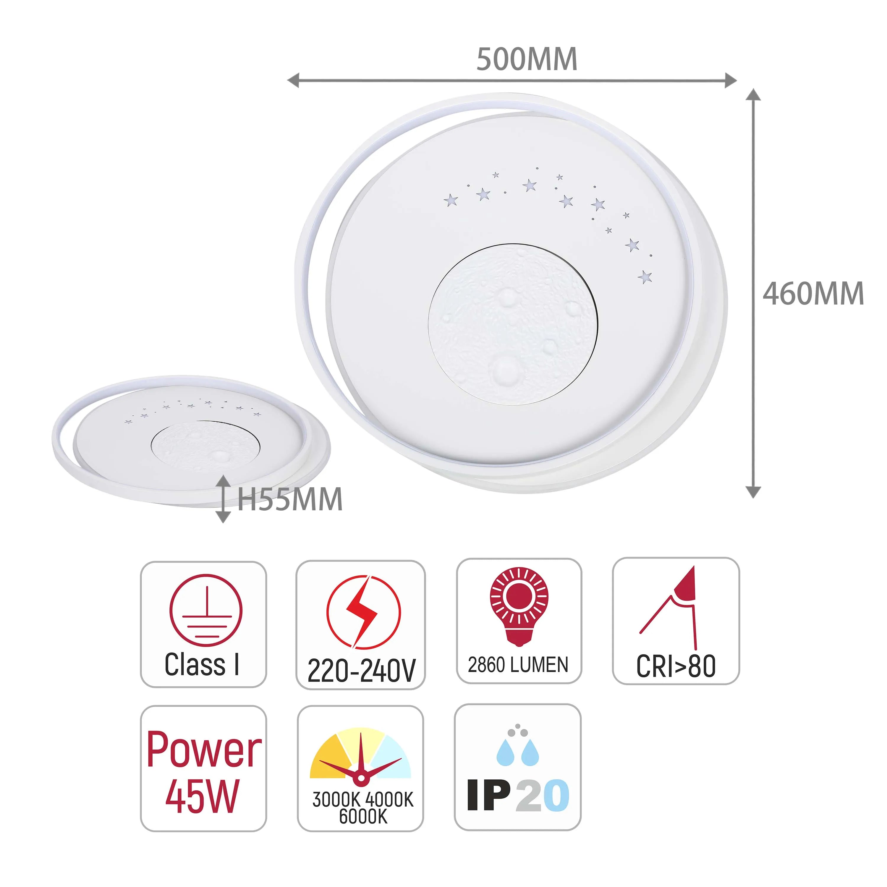 A celestial-themed ceiling light with specifications: 500mm wide, 460mm deep, 55mm high, 45W, 2860 lumens, IP20.