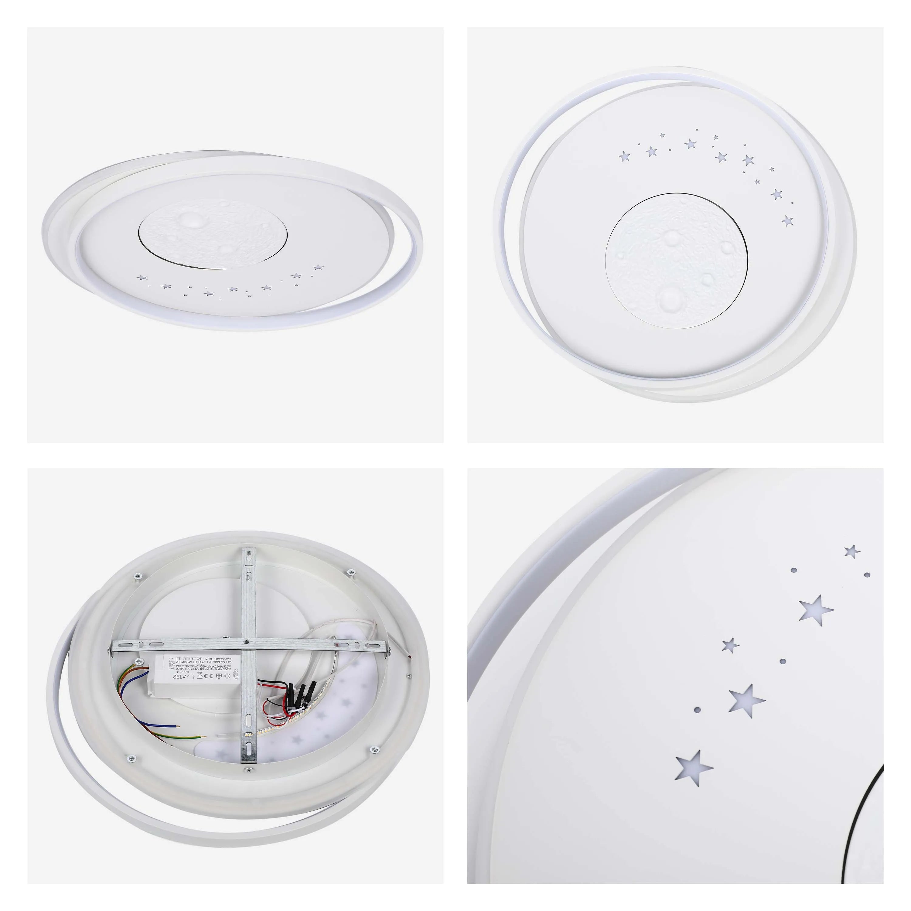 Contemporary circular ceiling light with moon and star detailing, showing a soft, ambient glow.