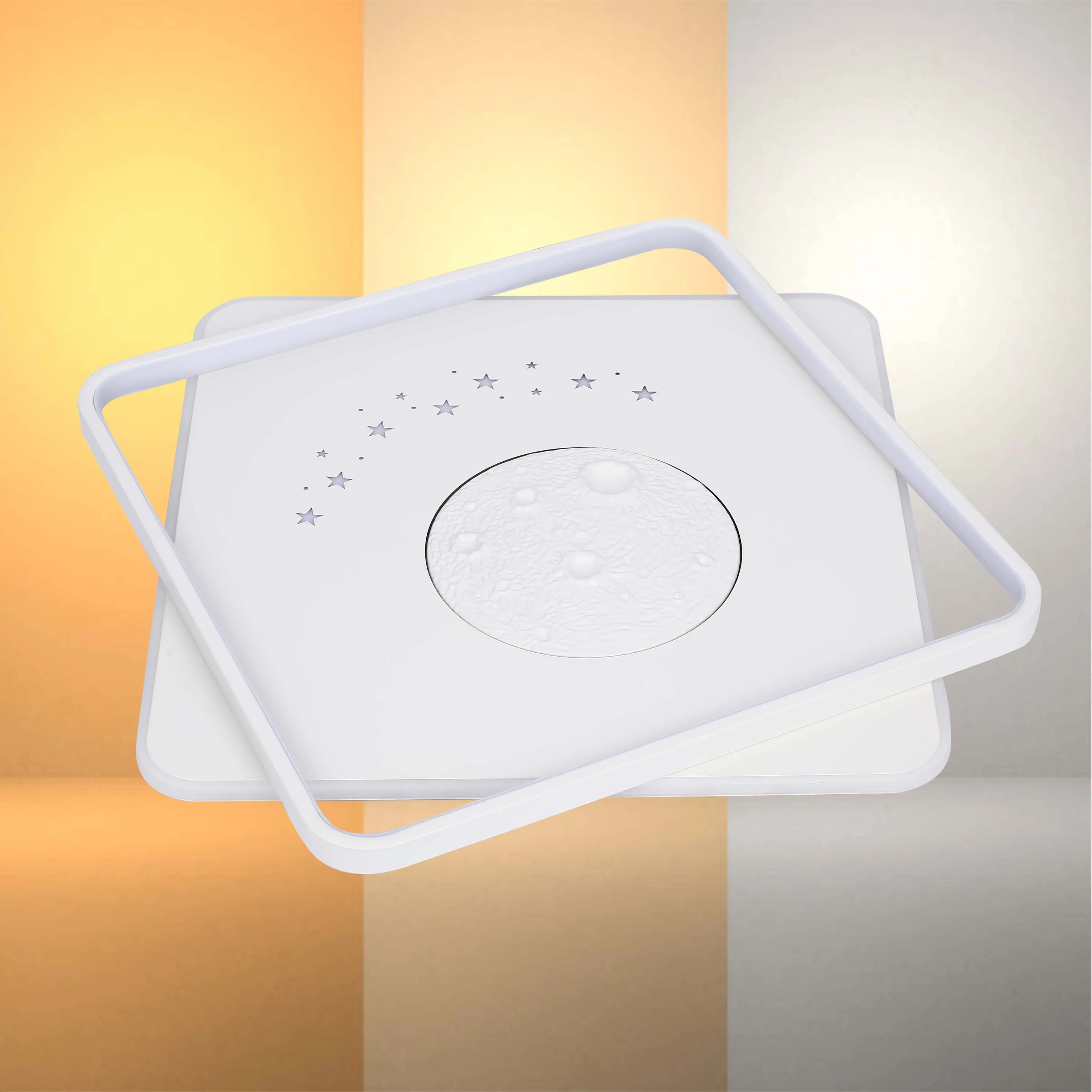 Soft, ambient lighting from a decorative moon and stars ceiling fixture, projecting a gentle glow. Ideal for a nursery or children's room.