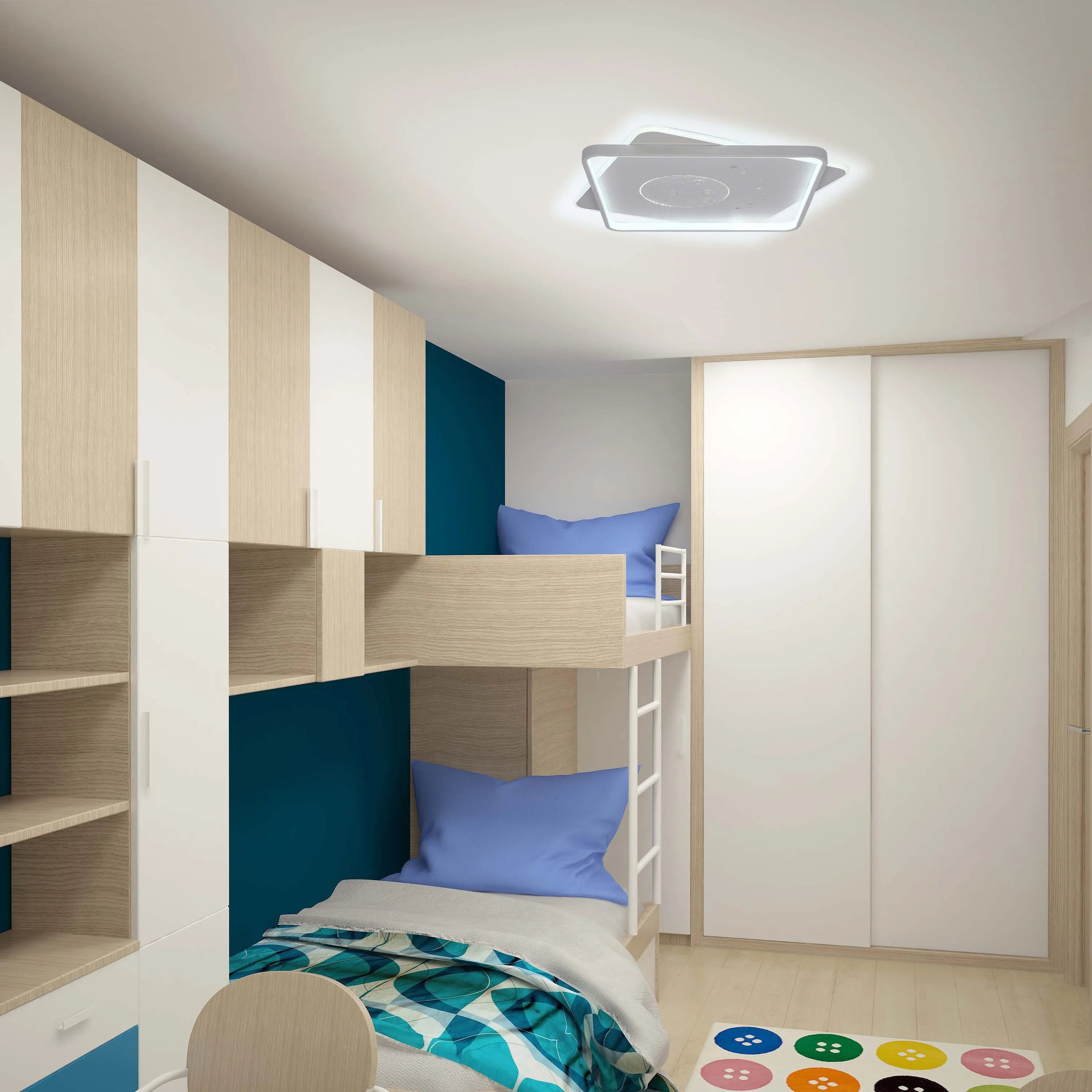 Contemporary square ceiling light with rounded edges, providing ample illumination in a child's bedroom.