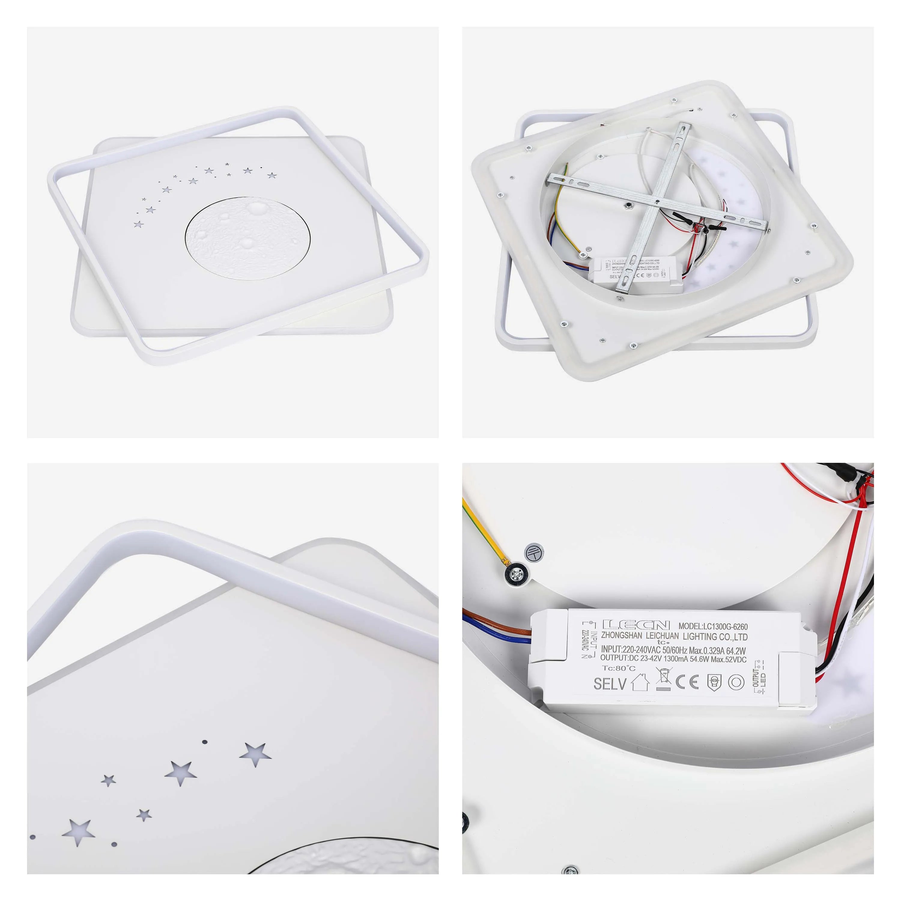 A modern, square, white LED ceiling light with a moon and stars design. Provides energy-efficient lighting for a child's bedroom.