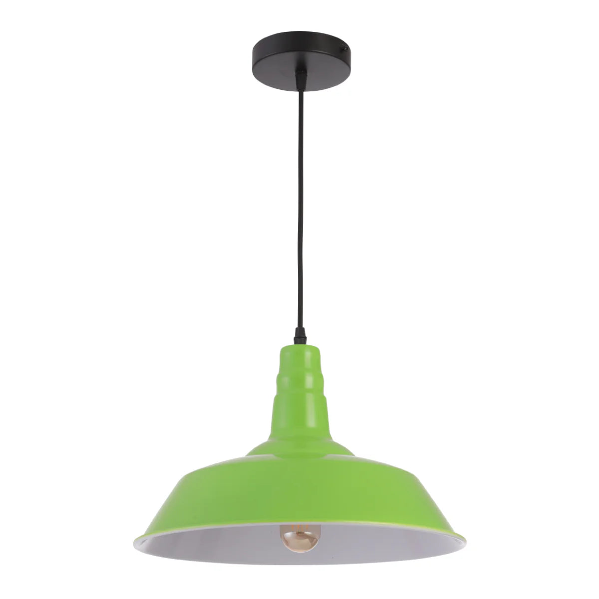 A stylish green pendant light hangs from a black ceiling rose, providing focused illumination.