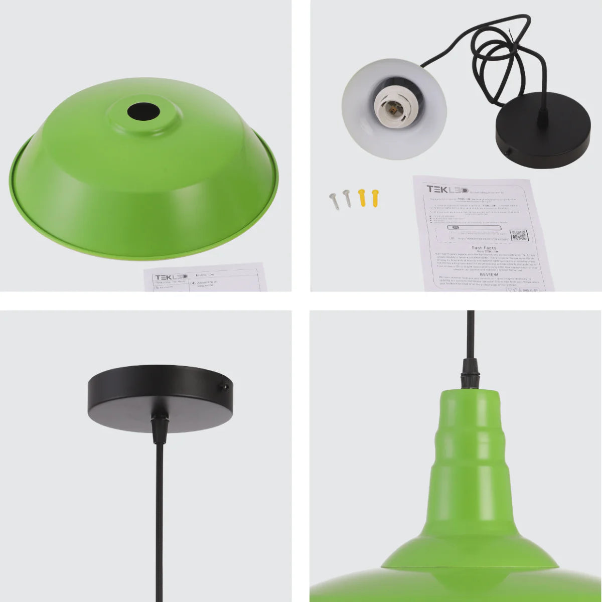 A bright green pendant light shade, bulb holder, & black ceiling rose. Hardware & instructions included.