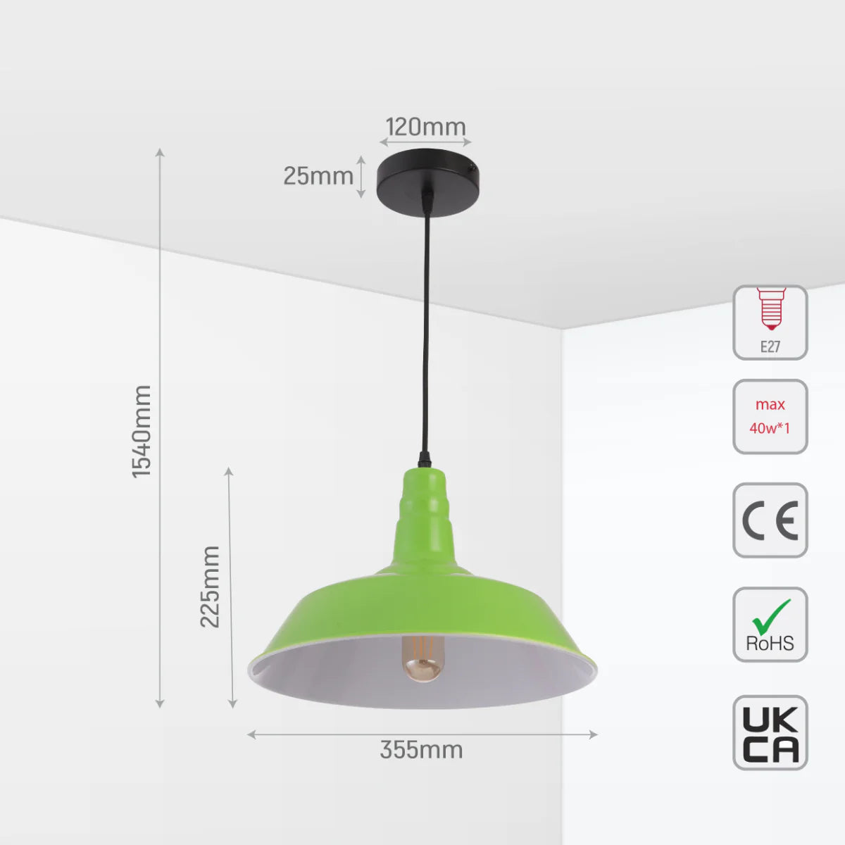 A stylish green pendant light with a black ceiling rose. Dimensions included in the image.