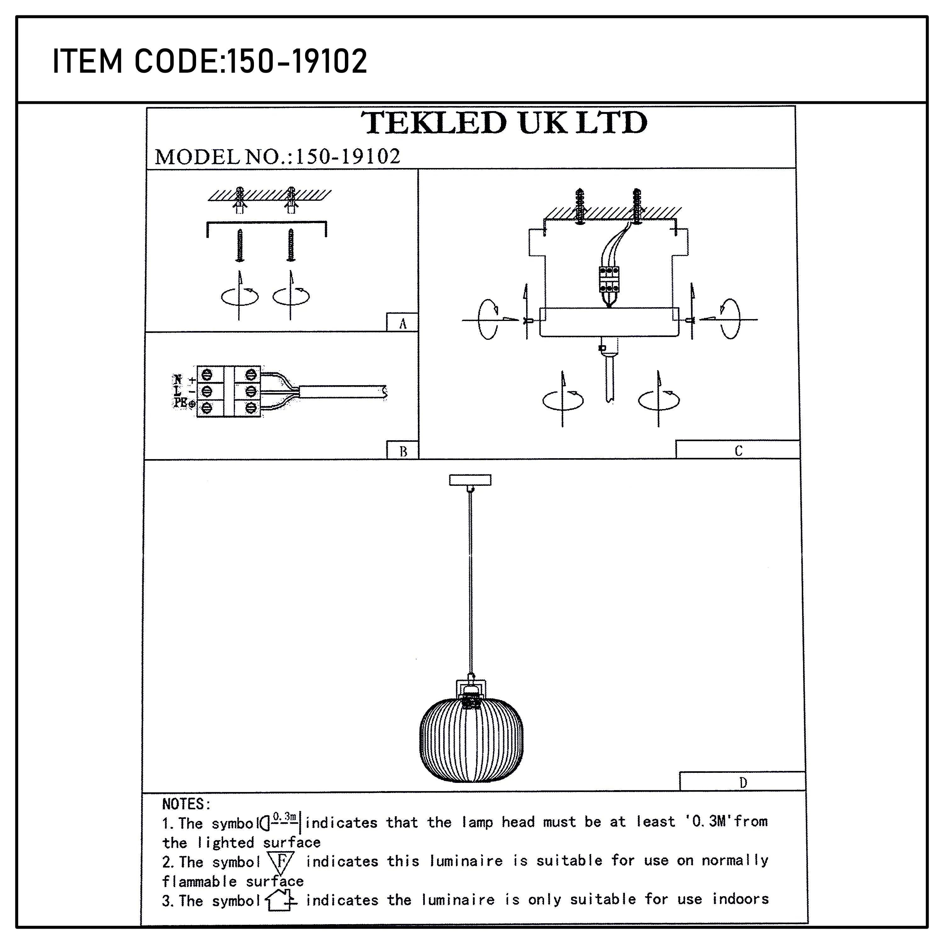 A technical diagram showcasing a pendant light. It also has electrical wiring and safety recommendations.