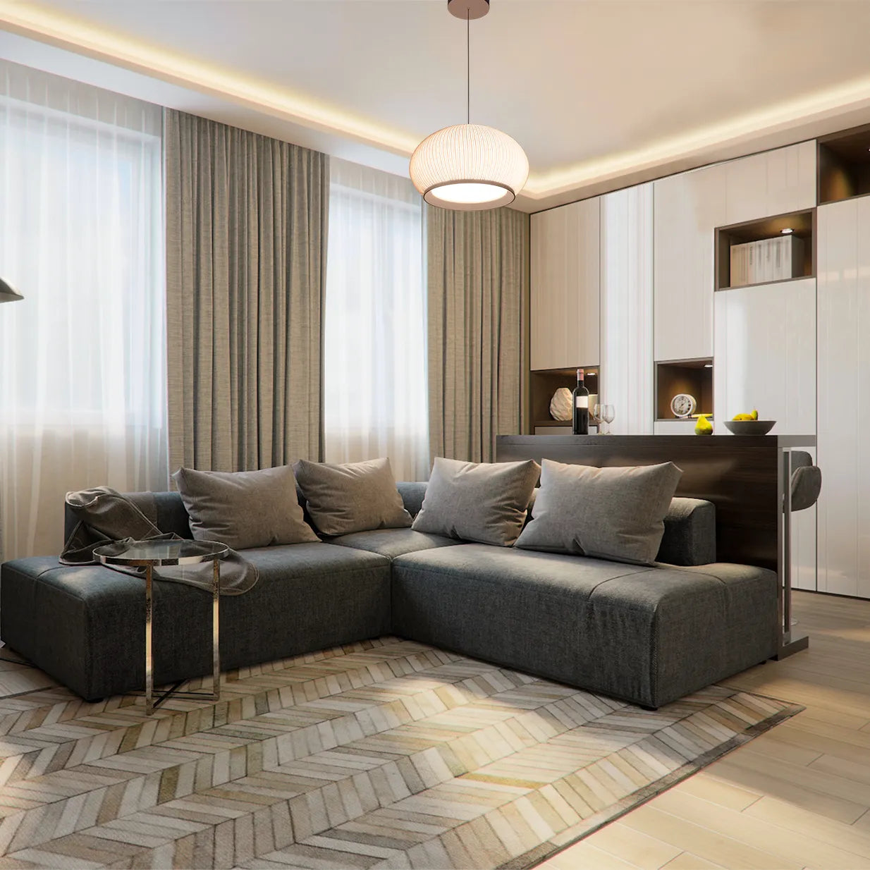 The room is lit by a pendant light with a rattan shade. There is also recessed lighting in the ceiling.