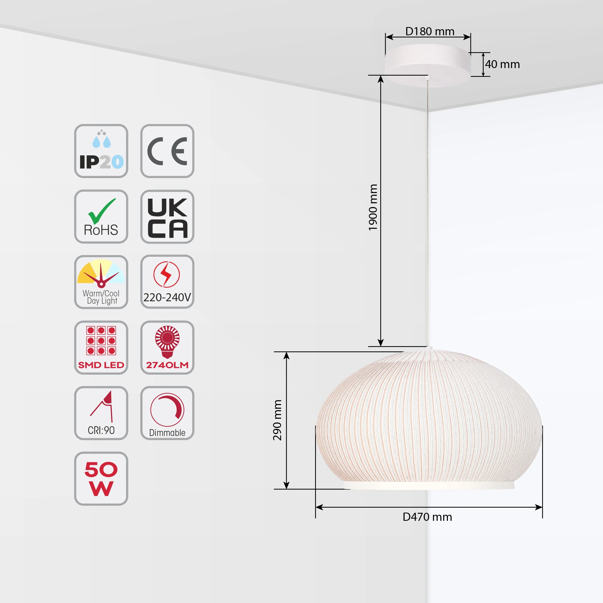 A stylish pendant light. It has a round lampshade, and features measurements, including a drop of 1900mm and dimensions of D470mm x 290mm.