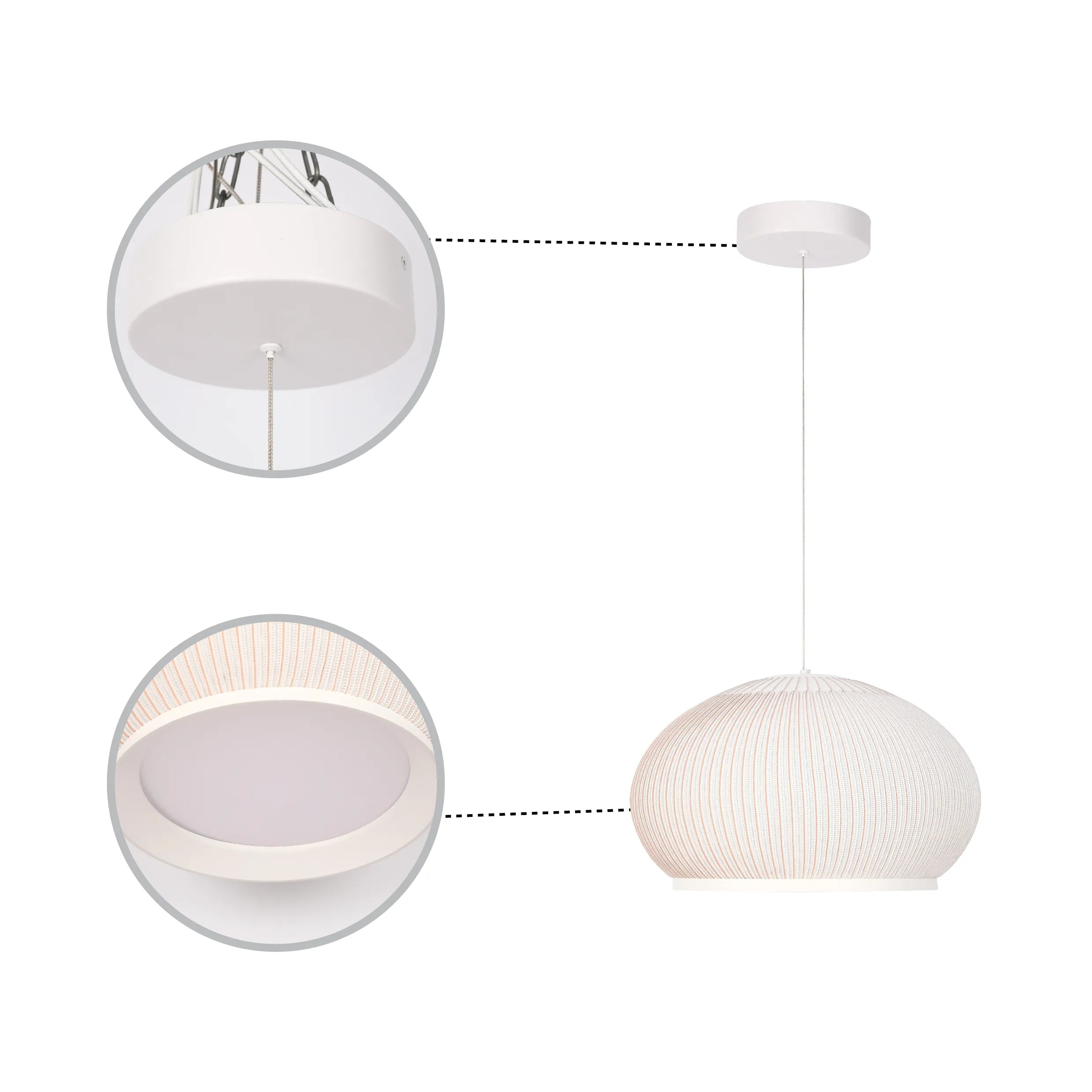 A modern, white pendant light with a round shade and ceiling mount. Soft, ambient lighting for the home.