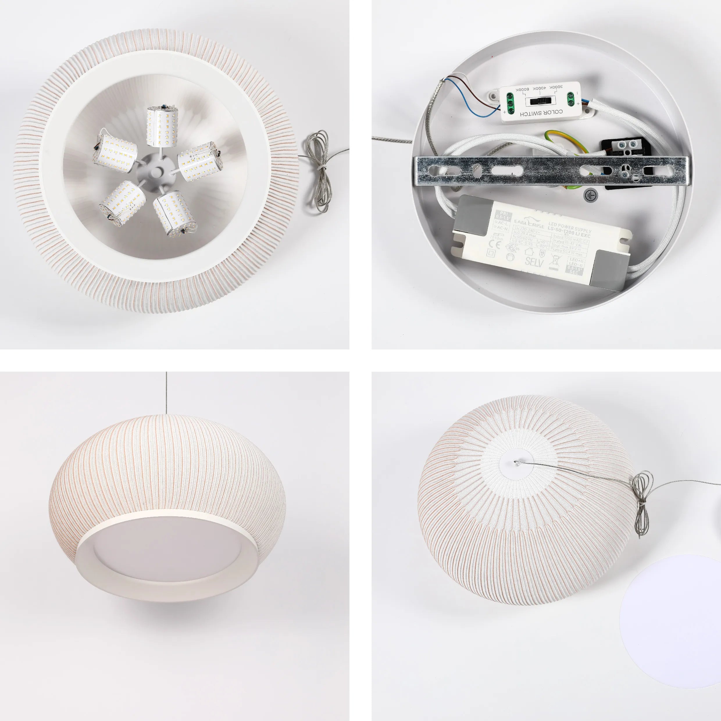 Contemporary dome pendant light. Features a fabric shade and colour temperature switch for adjustable ambience.