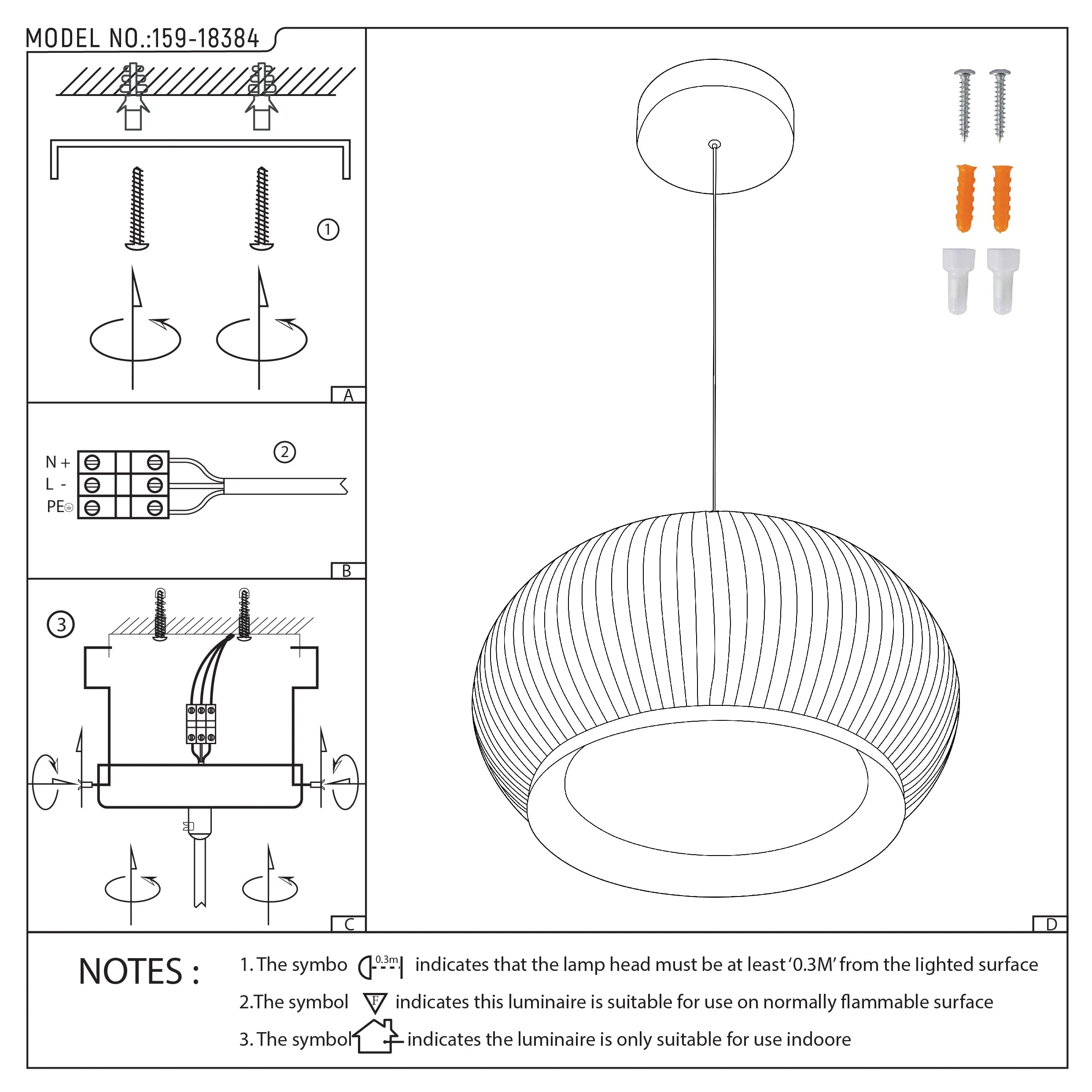 A line drawing of a pendant light with installation instructions, fixings and the model number '159-18384' displayed.