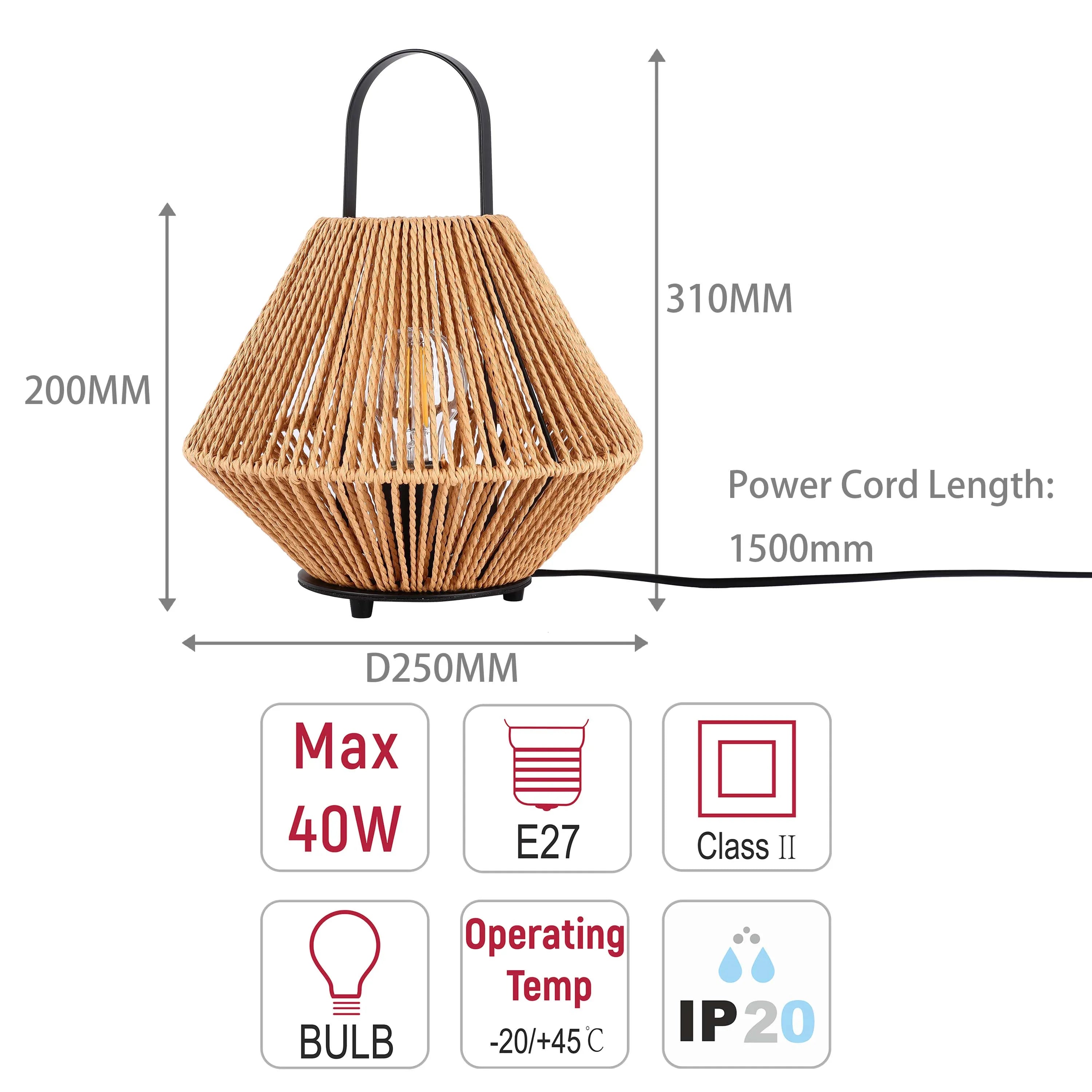 A modern jute-rope lamp with a black handle. Height: 310mm, width: 250mm. E27 bulb, max 40W. Cord: 1500mm. Temp: -20/+45°C, IP20 rating.