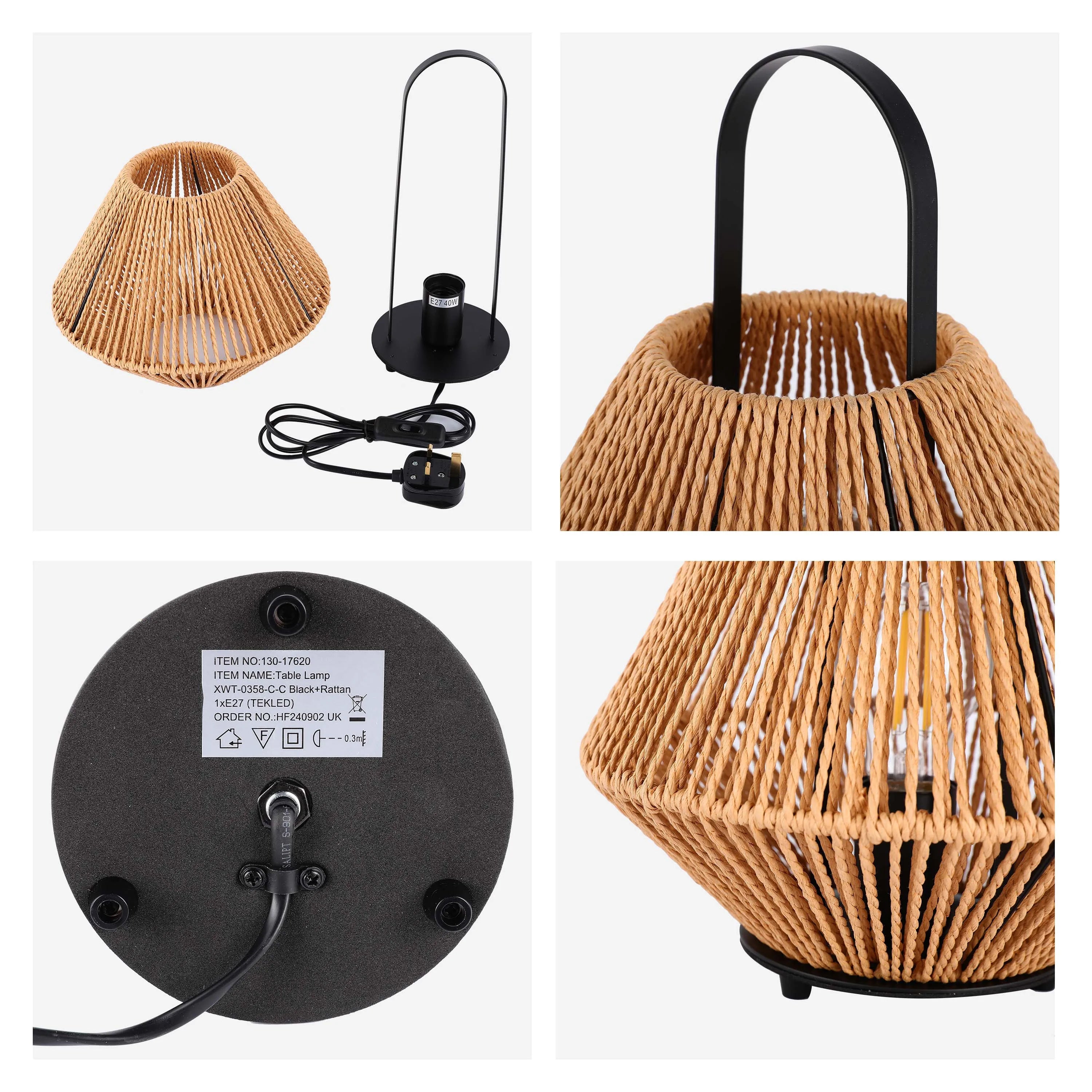 A rattan style table lamp with a black stand and matching cable. Light is filtered through the woven shade, creating a warm glow.