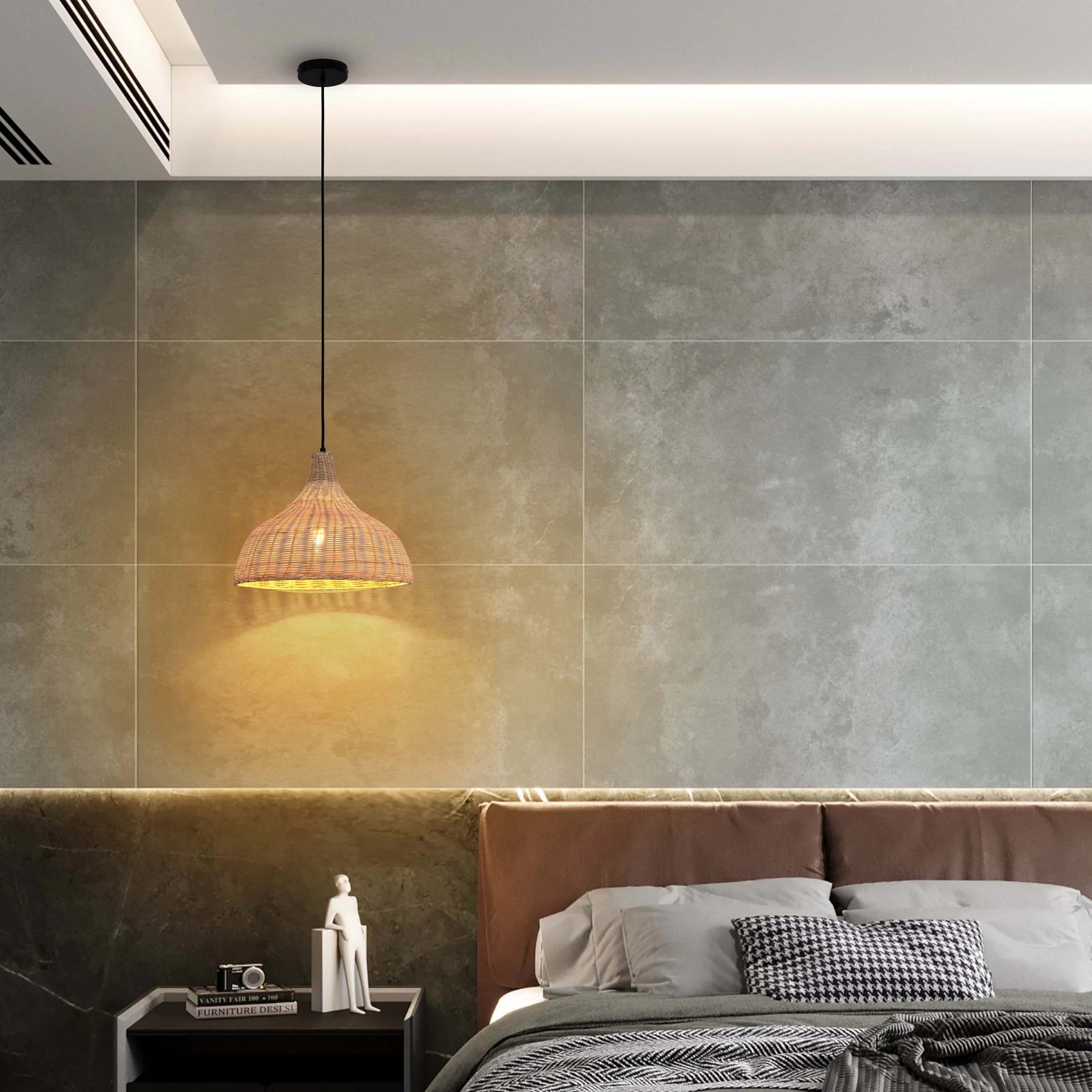 A rattan pendant light hangs from the ceiling, casting a warm glow. Concealed lighting above the headboard adds ambience.