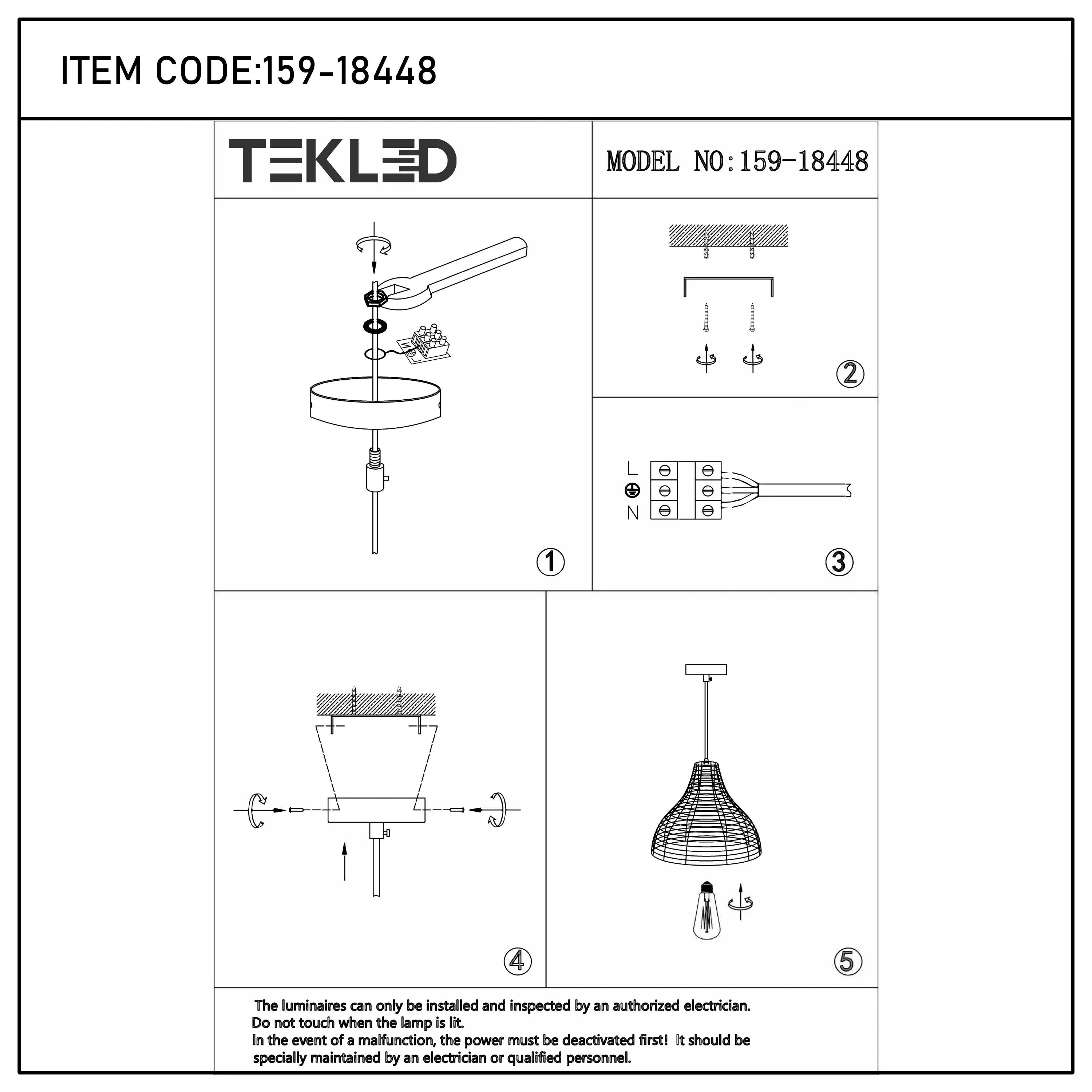 A series of 5 diagrams showing the installation process of a TEKLED pendant light, item code 159-18448.