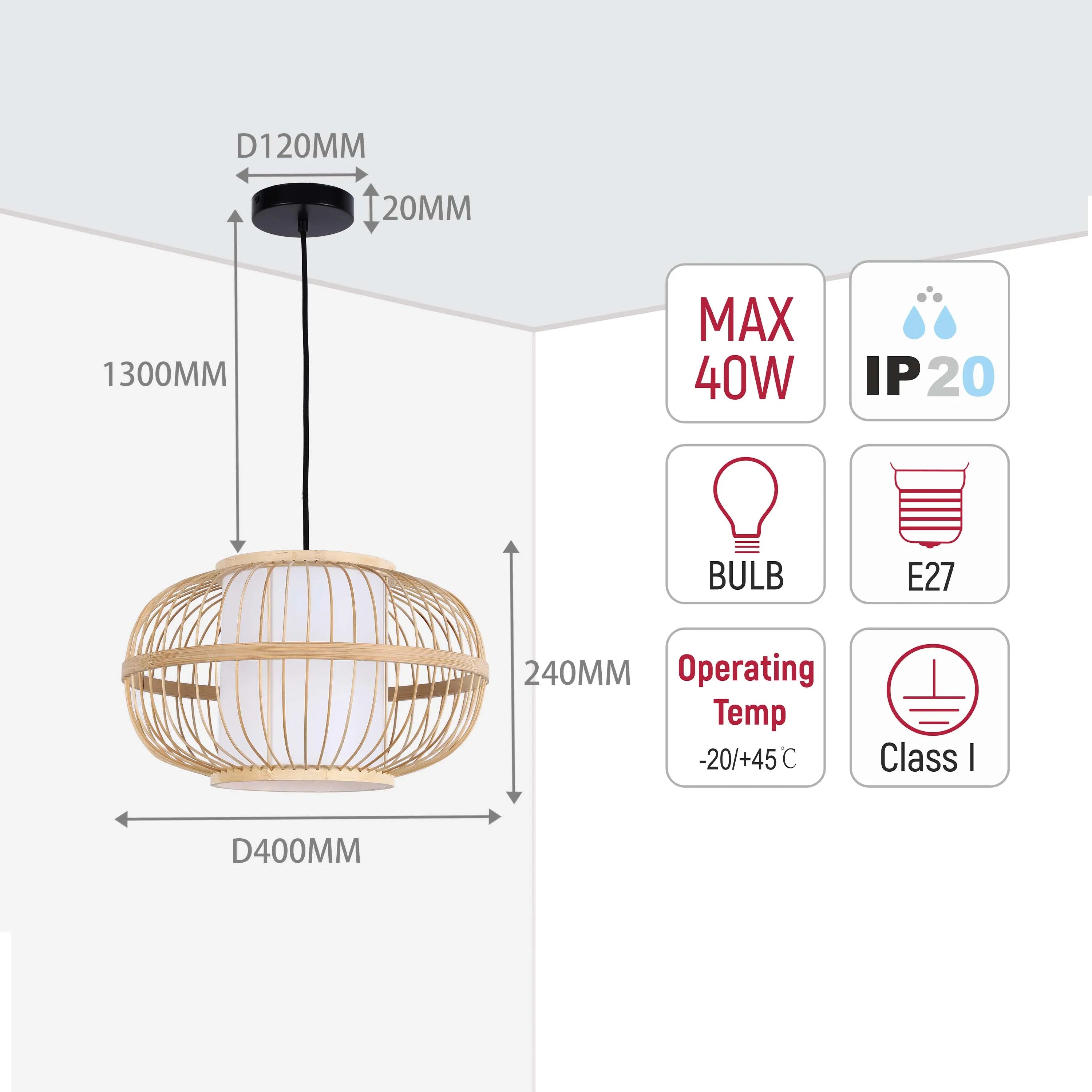 A bamboo pendant light fitting with dimensions indicated. Features IP20 rating and operates between -20/+45°C.
