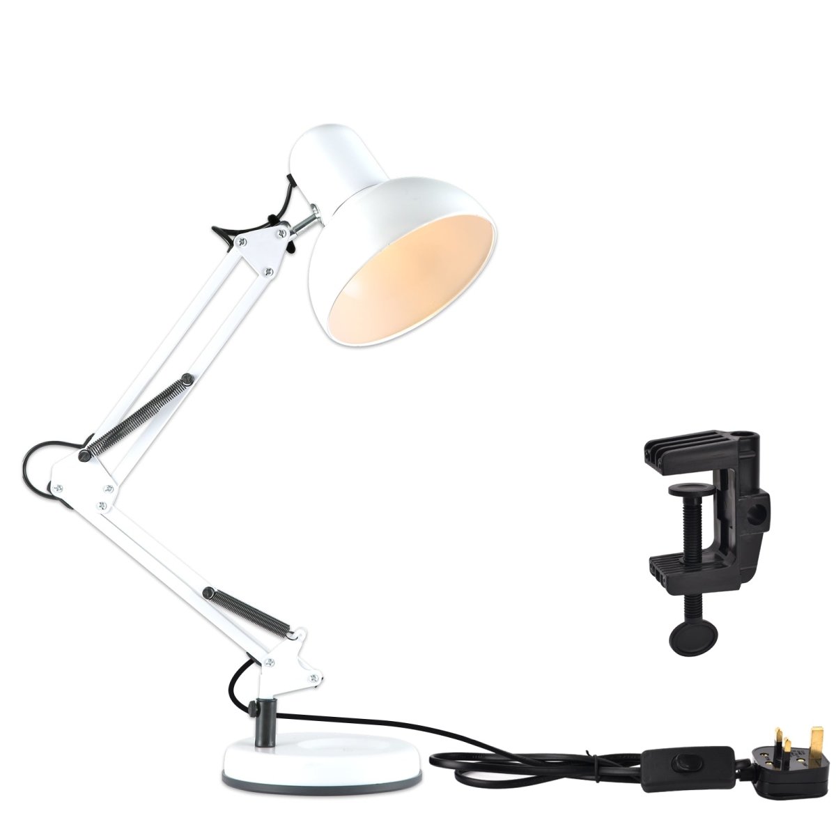 White architect desk lamp with articulated arm, standing on a circular base, with black clamp and UK plug.