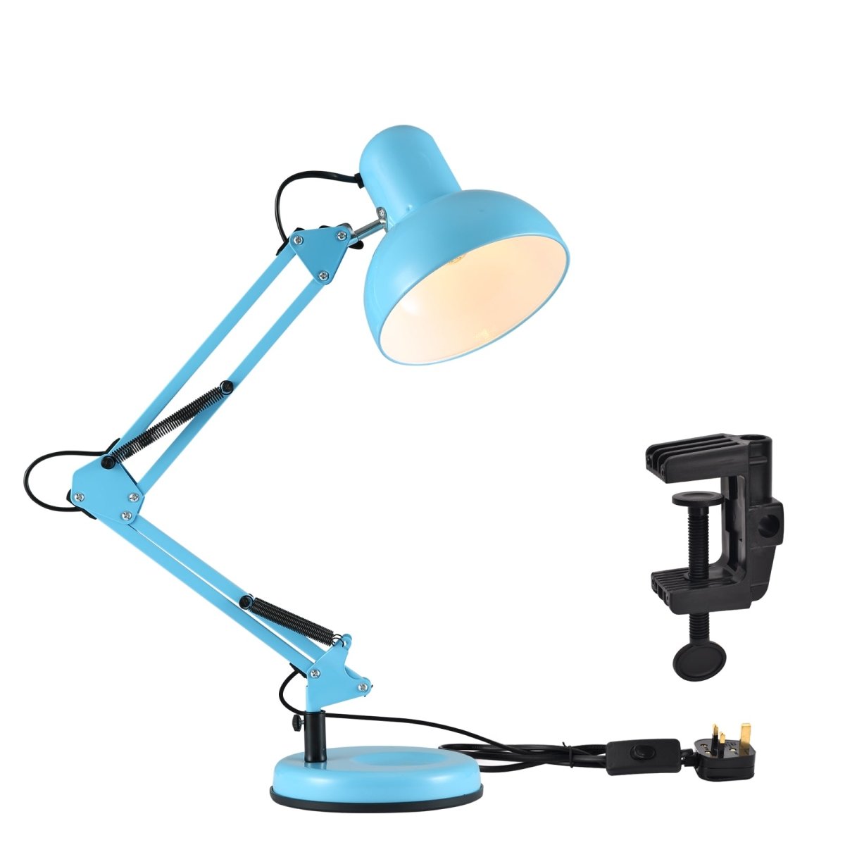 A blue adjustable desk lamp sits next to a black clamp, perfect for a home office or study.