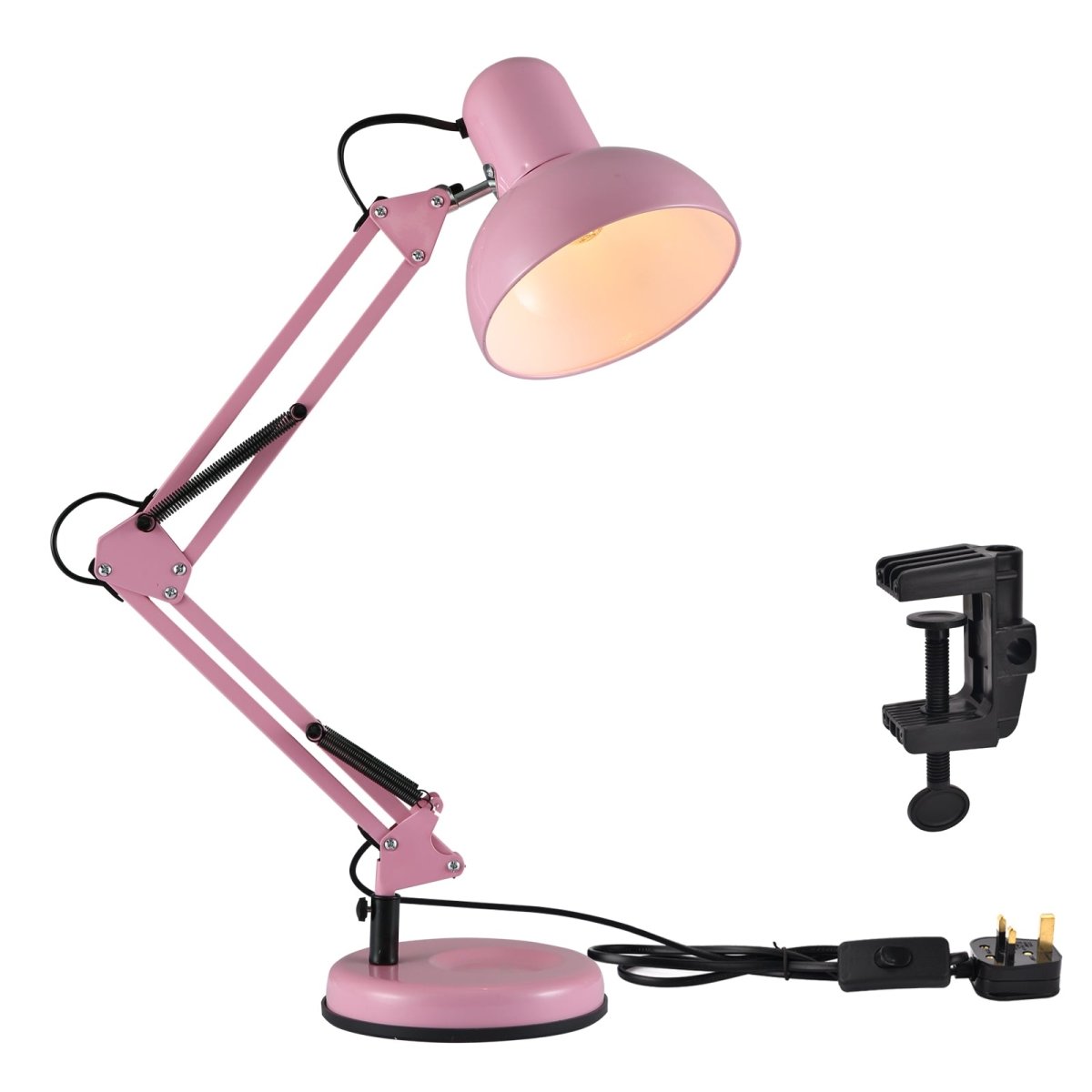 Pink adjustable desk lamp with clamp and weighted base, illuminating a workspace. Ideal for task lighting.