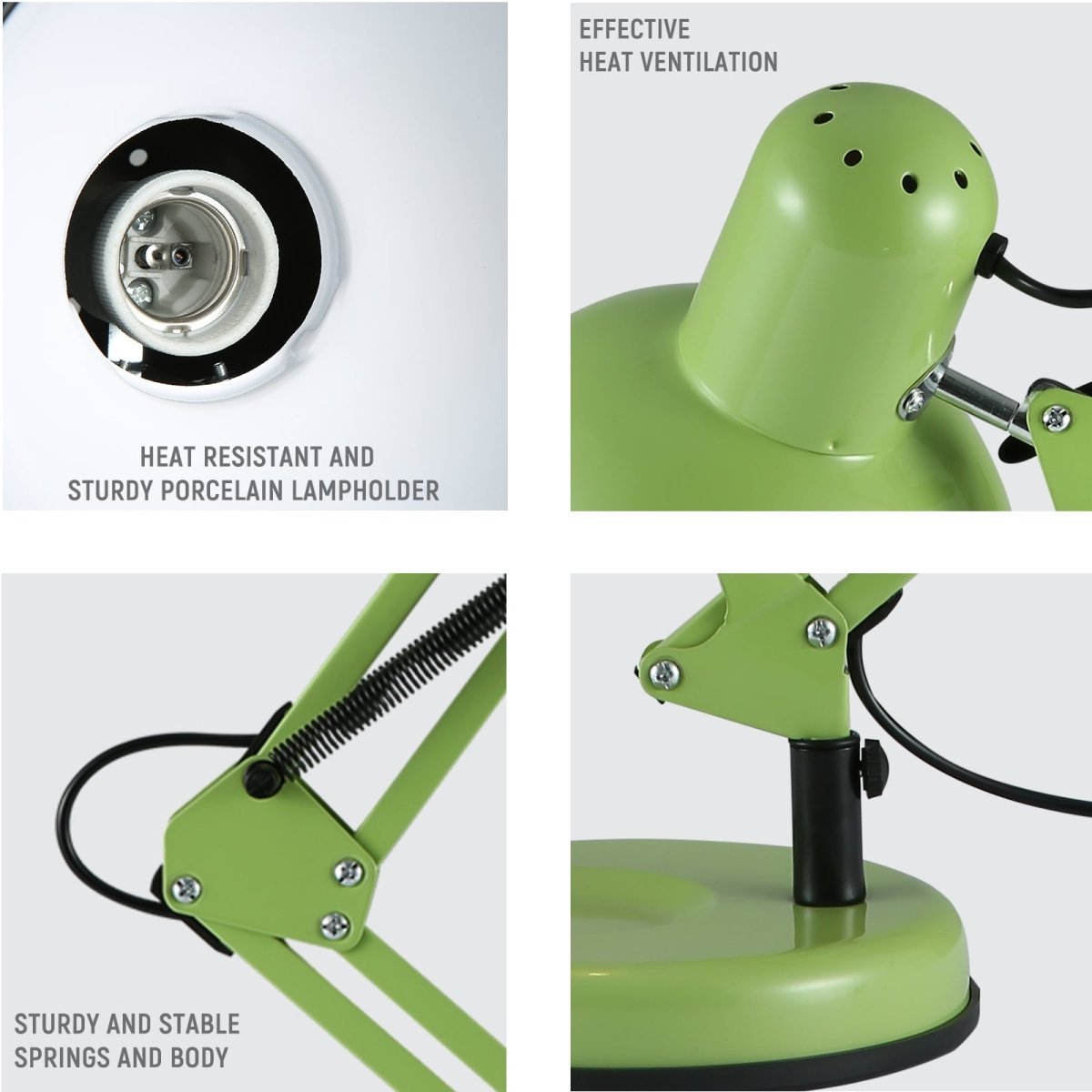 A green adjustable desk lamp showing the lamp holder, ventilation, springs, & base.