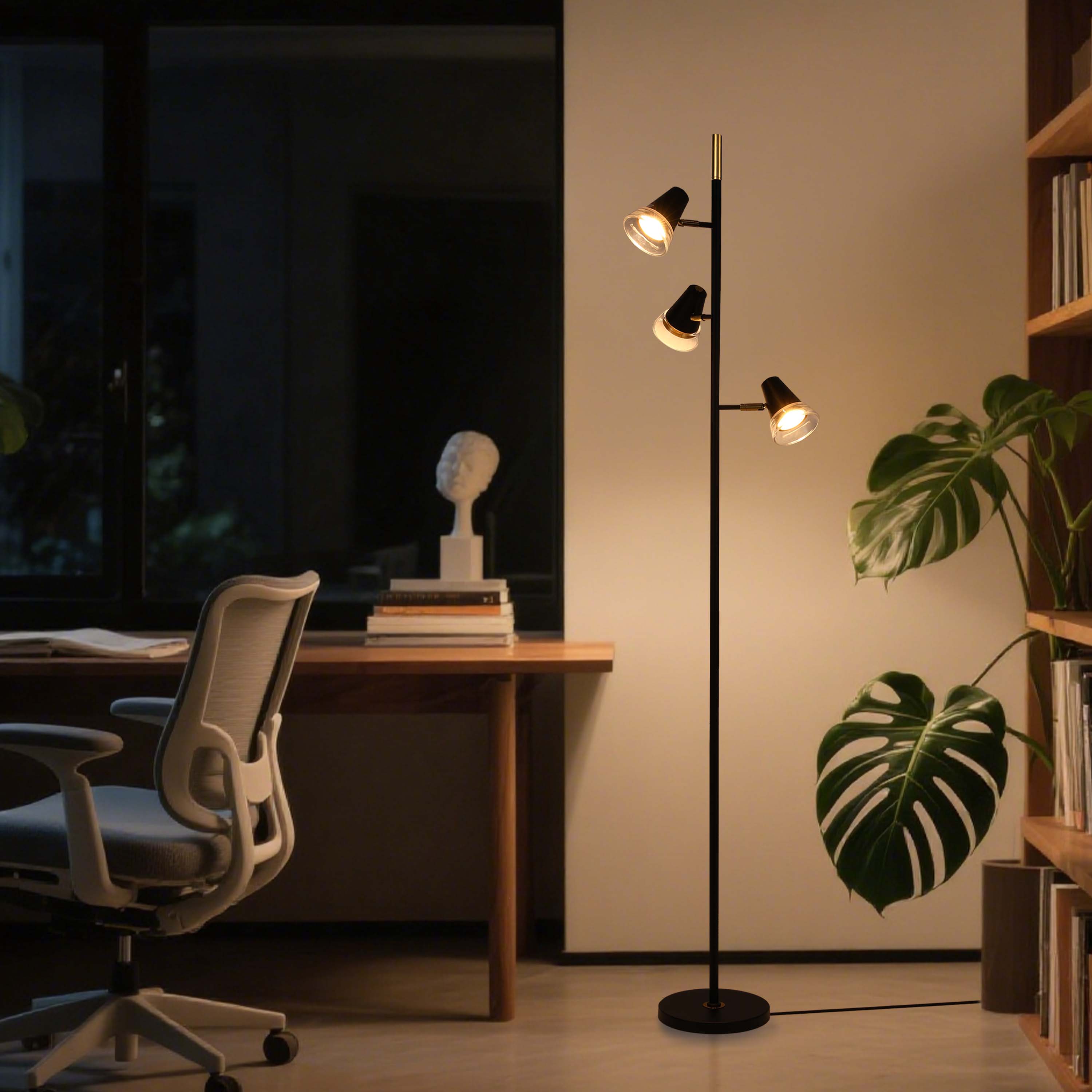 Modern 3-Light Black & Brass Floor Lamp with Clear Glass Shades, GU10