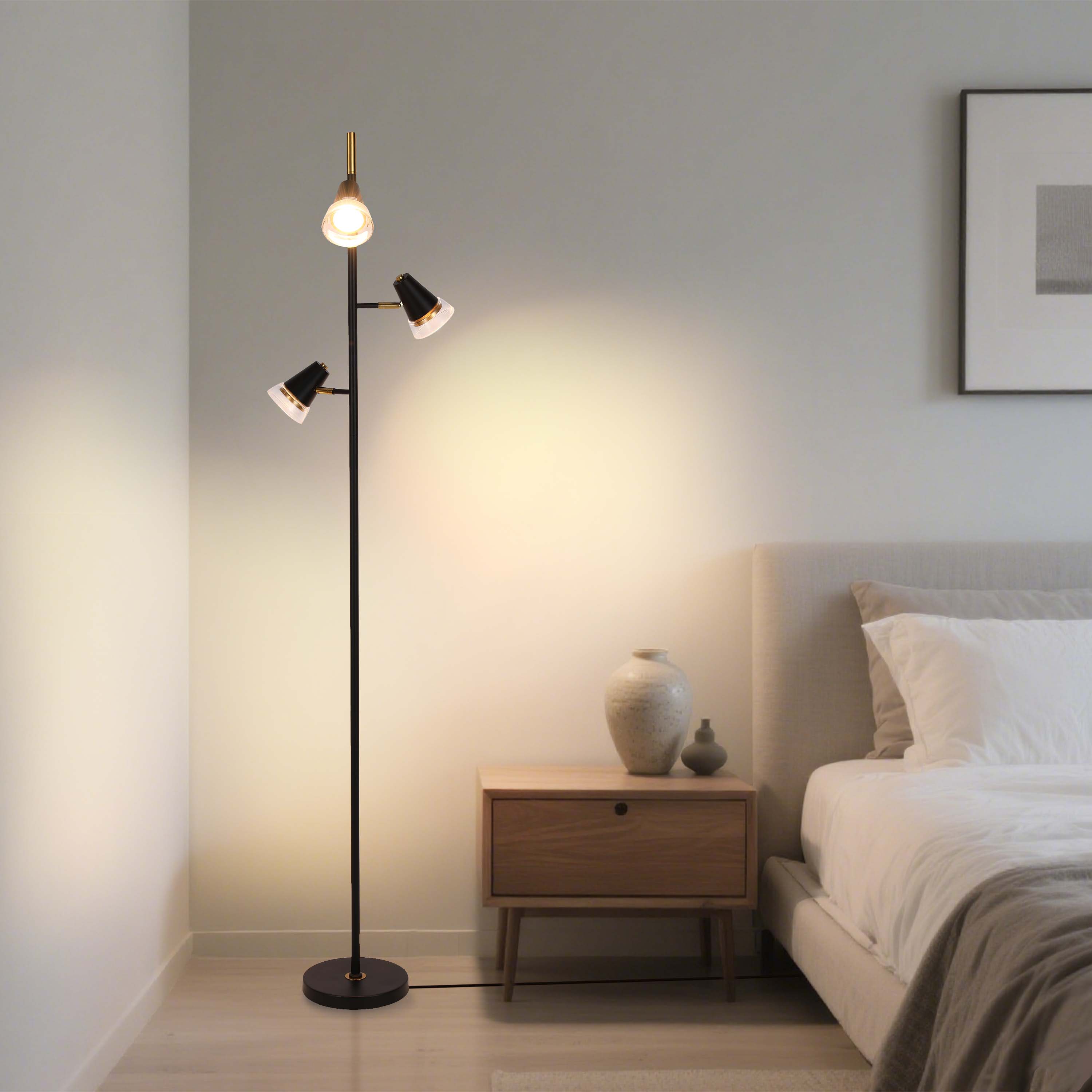 Modern 3-Light Black & Brass Floor Lamp with Clear Glass Shades, GU10