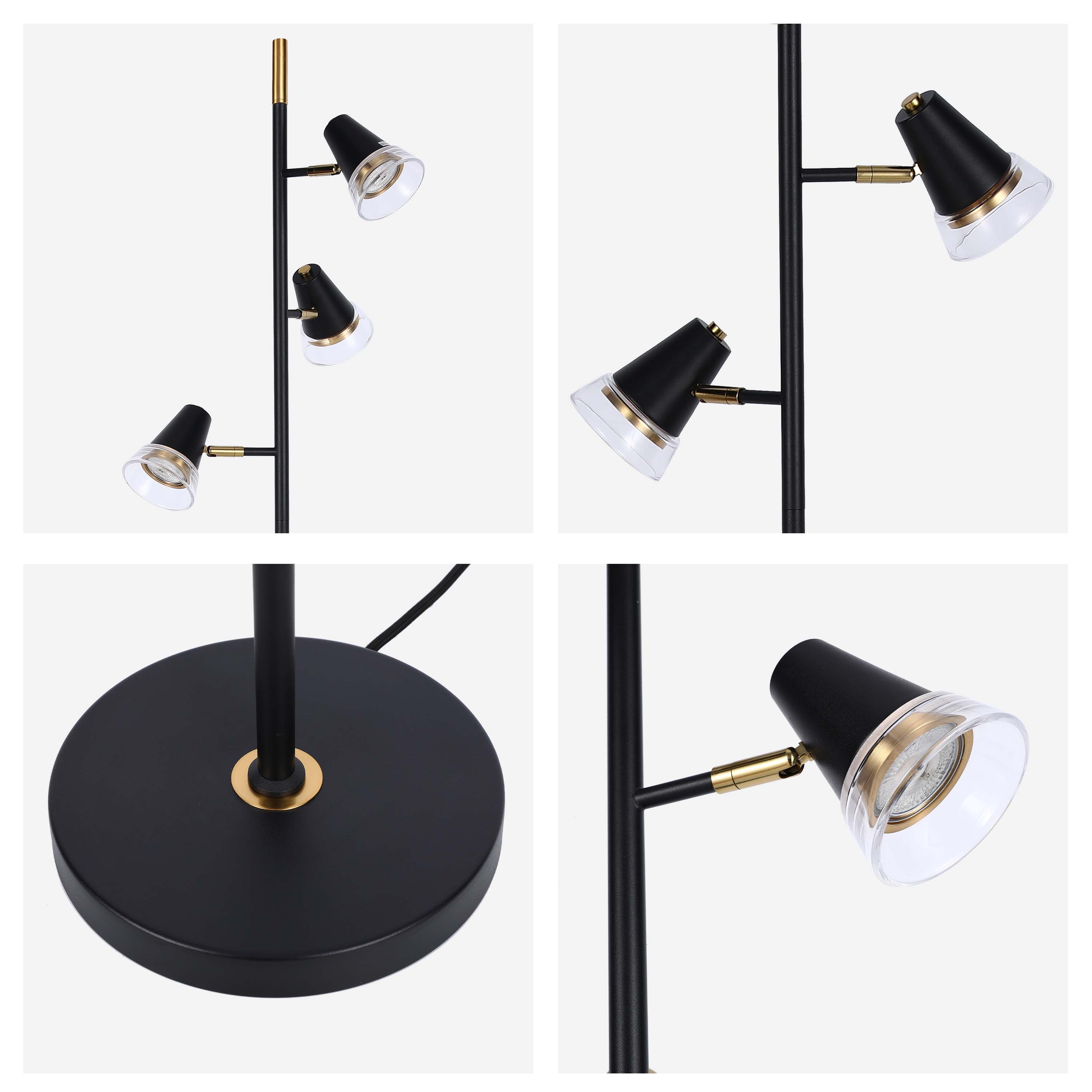 Modern 3-Light Black & Brass Floor Lamp with Clear Glass Shades, GU10