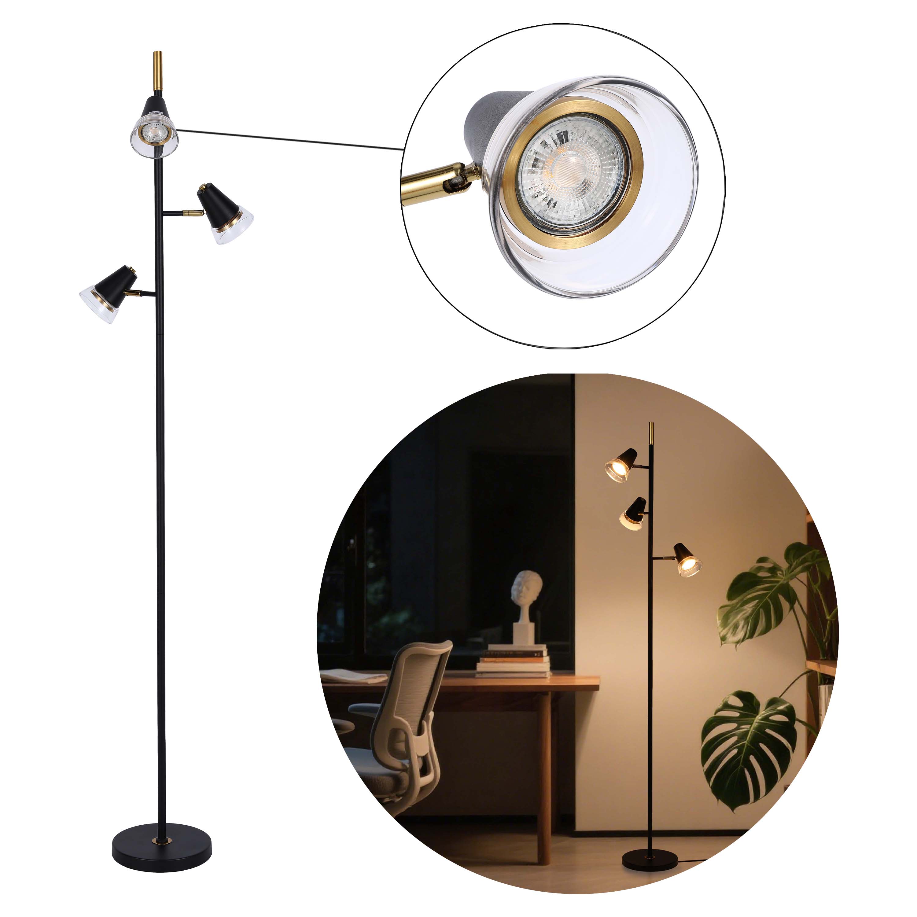 Modern 3-Light Black & Brass Floor Lamp with Clear Glass Shades, GU10