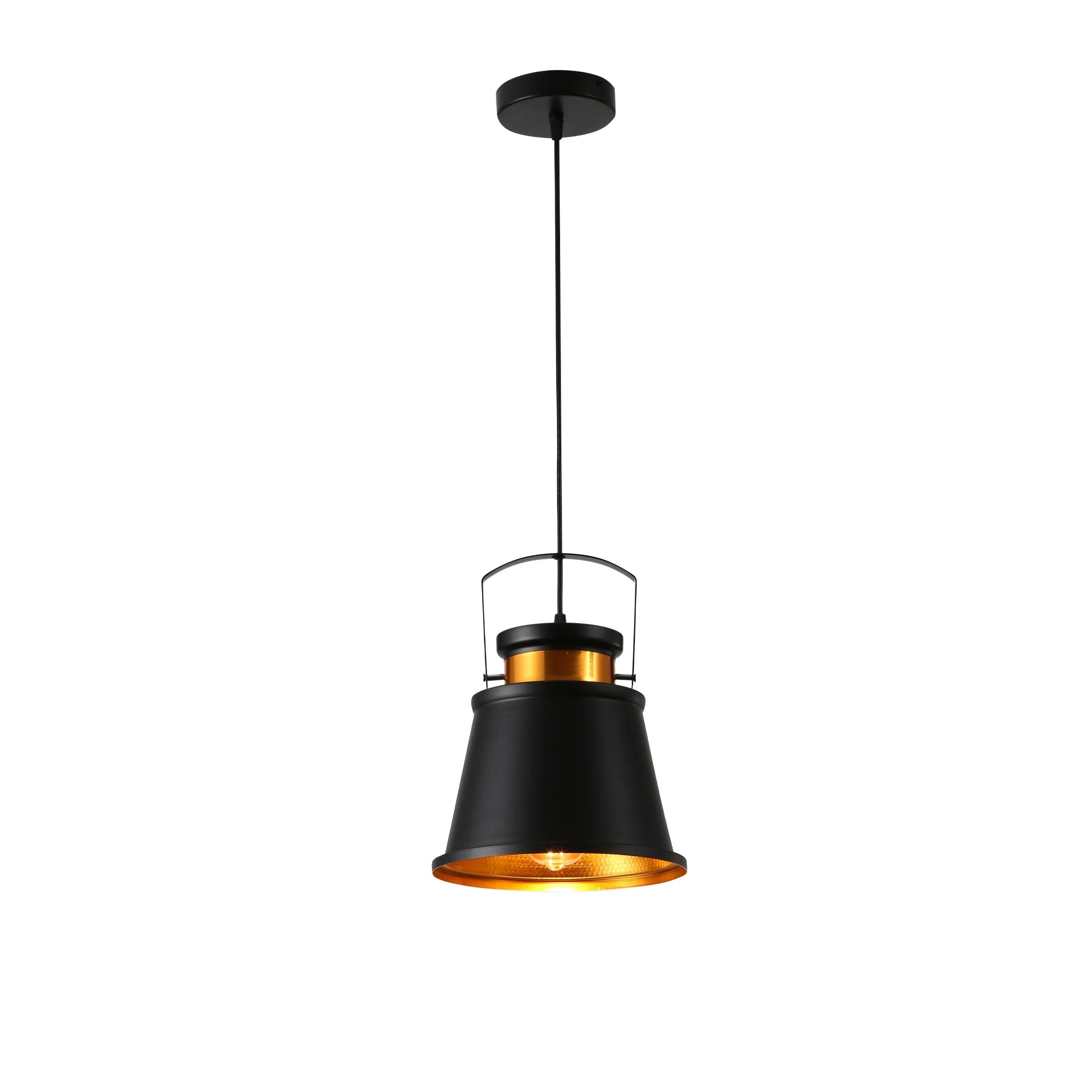 Loft Cafe Bar Counter Exhibition Hall Pub Aisle Black Gold Funnel Handled Metal Pendant Ceiling Light