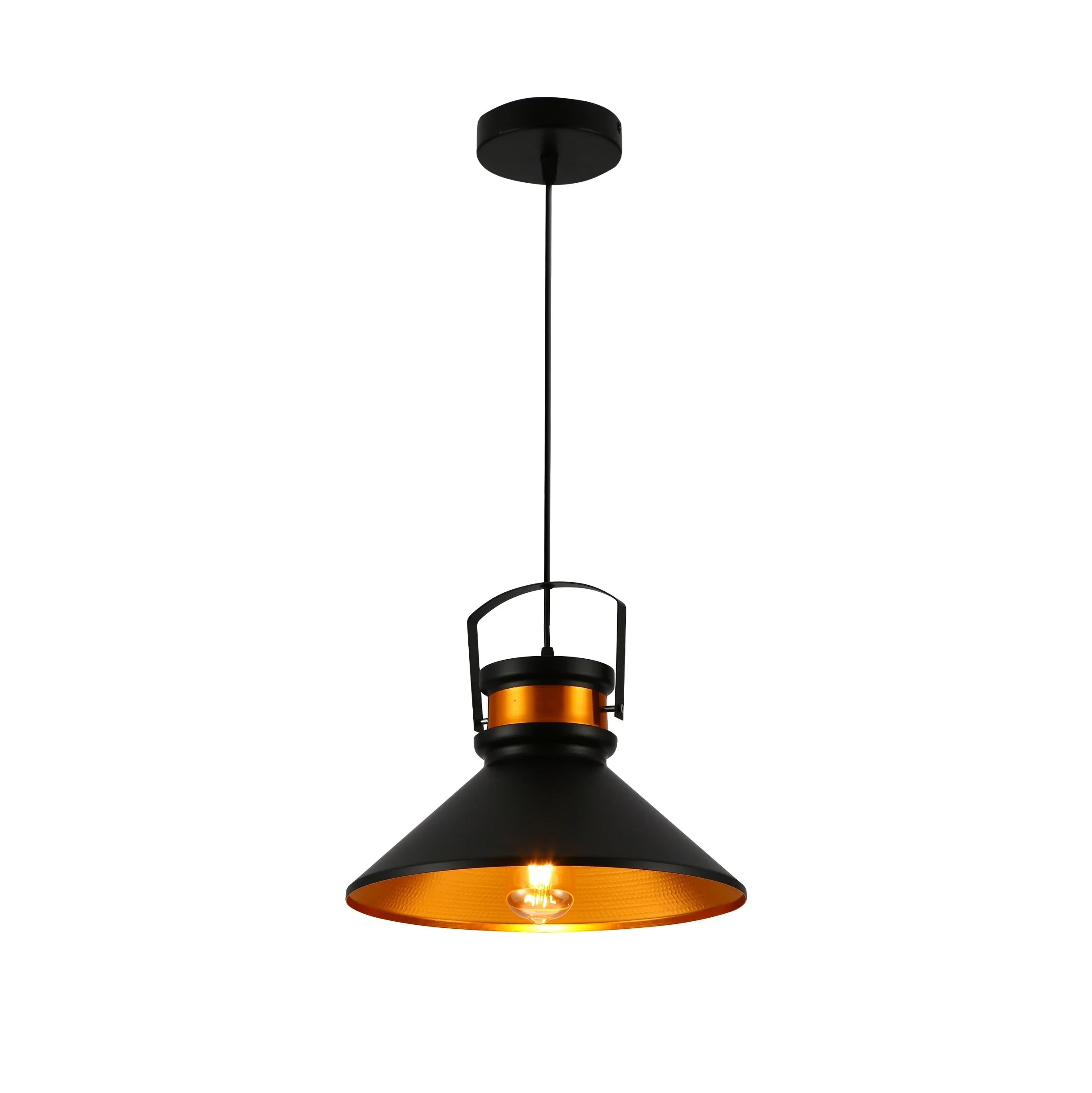 Loft Cafe Bar Counter Exhibition Hall Pub Aisle Black Gold Funnel Handled Metal Pendant Ceiling Light