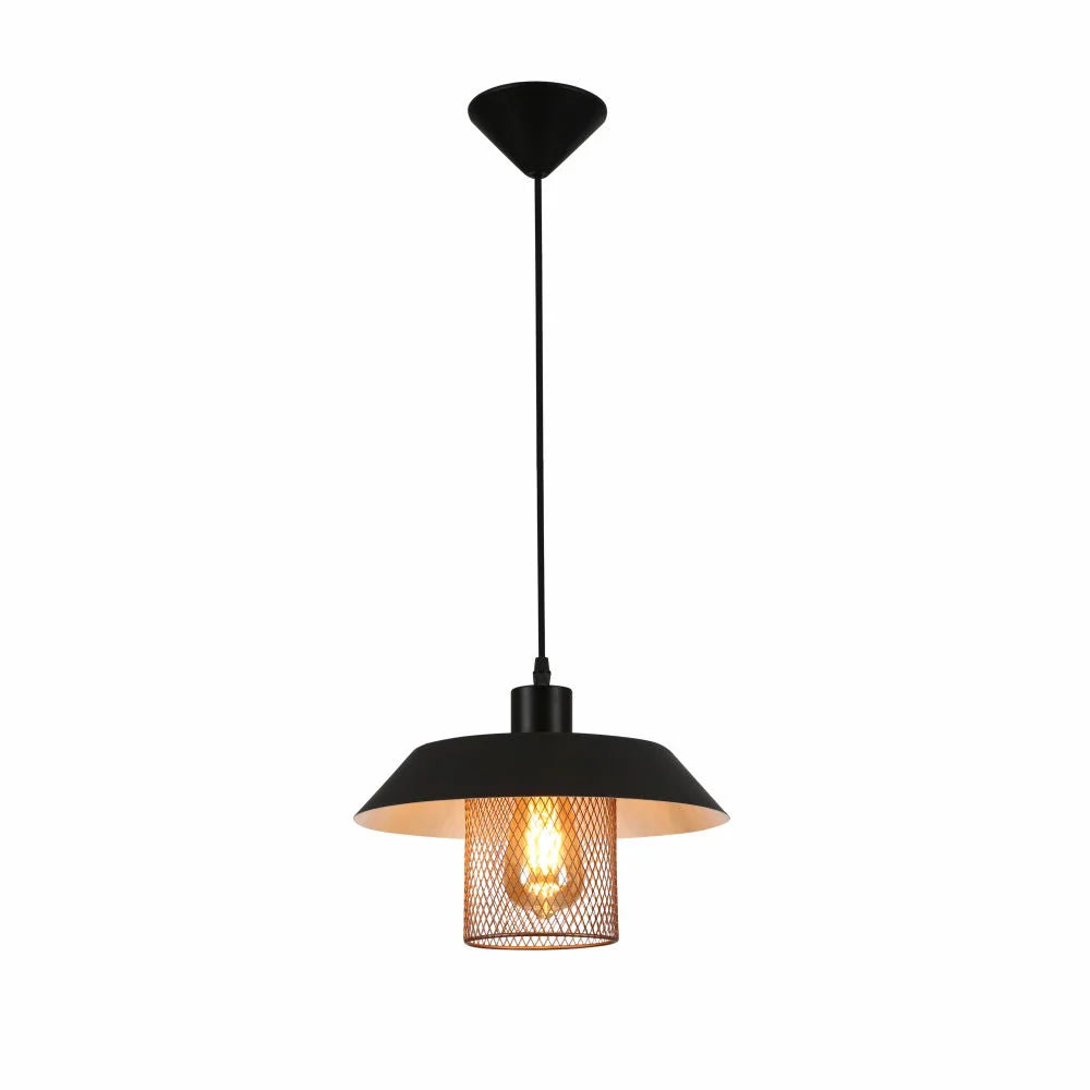 Matte Gold Caged Shade with Black Flat Top Pendat Ceiling Light E27 Fitting