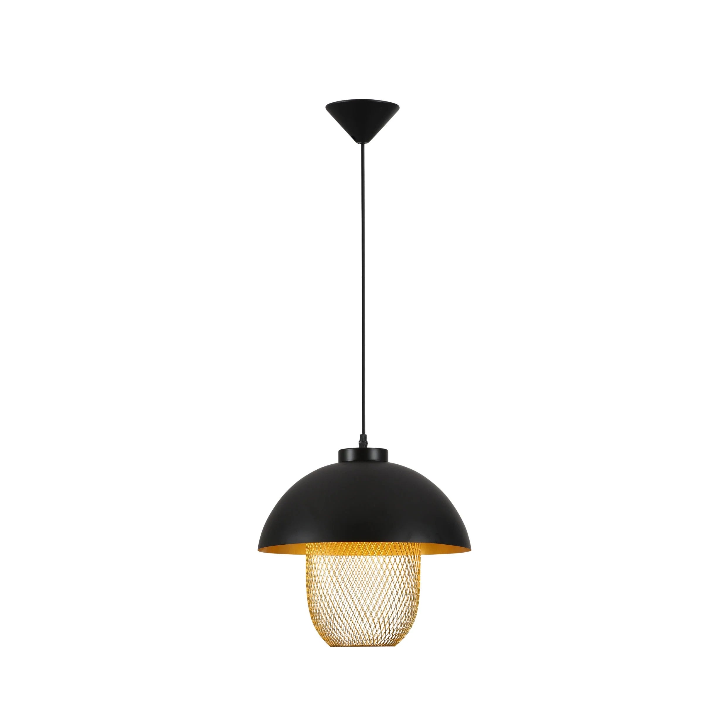 Matte Gold Caged Shade with Black Dome Top Pendat Ceiling Light E27 Fitting
