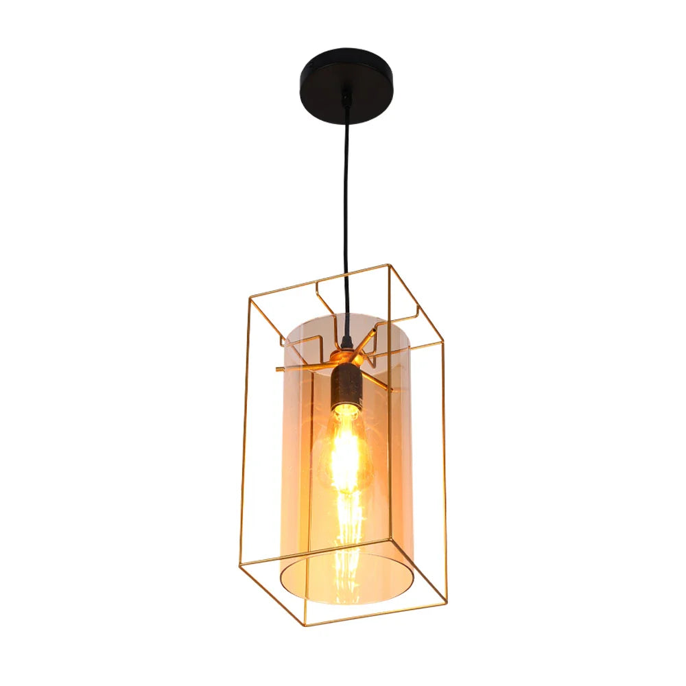 Gold Metal Cage Amber Cylinder Glass Pendant or Island Ceiling Light E27 Fitting