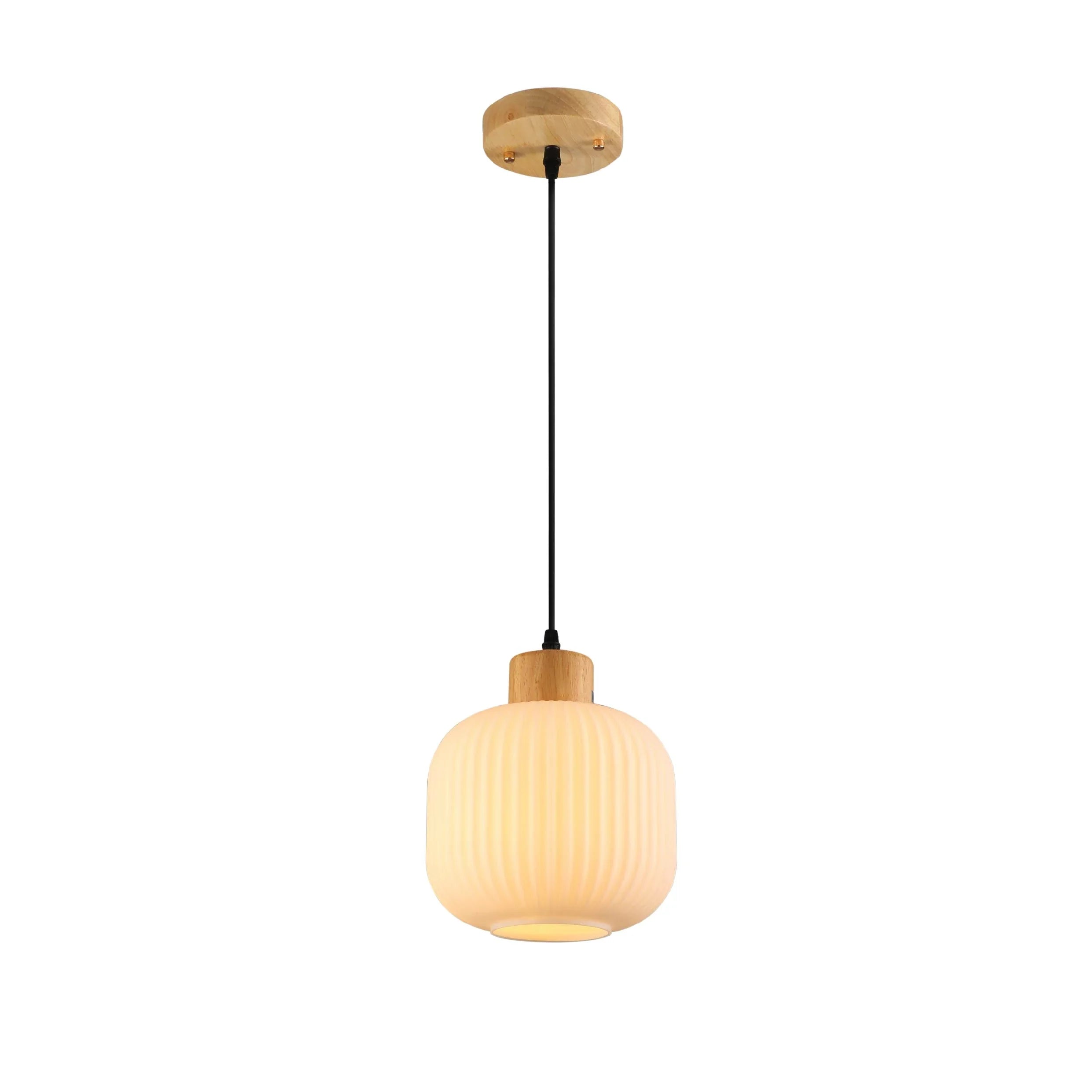 Sawyer Ribbed Fluted Reeded Maloto Lantern Opal Glass Pendant Ceiling Light E27 Wood Top