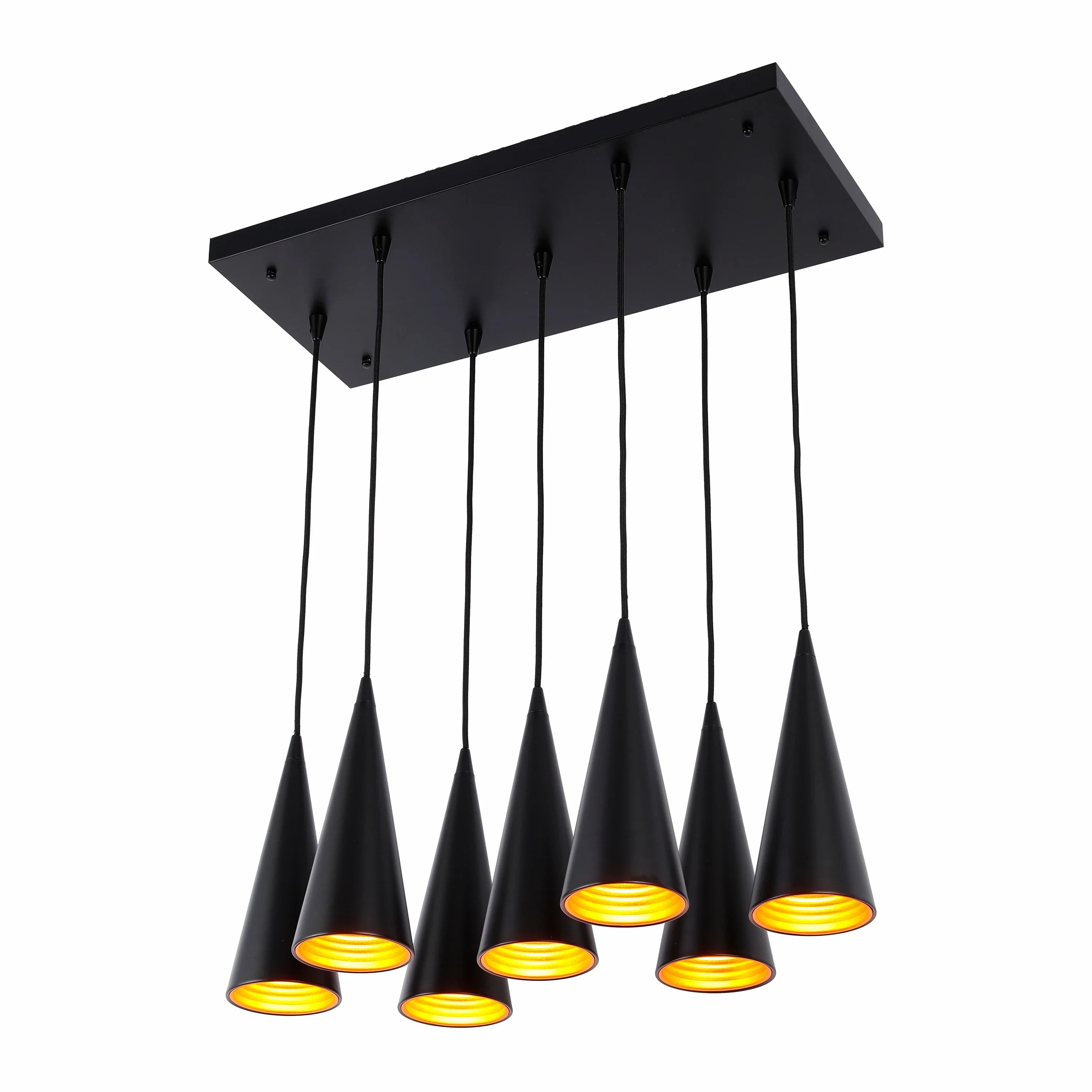 6-Light Cone Pendant Light - E27 Fittings, Rectangular Plate, Dimmable