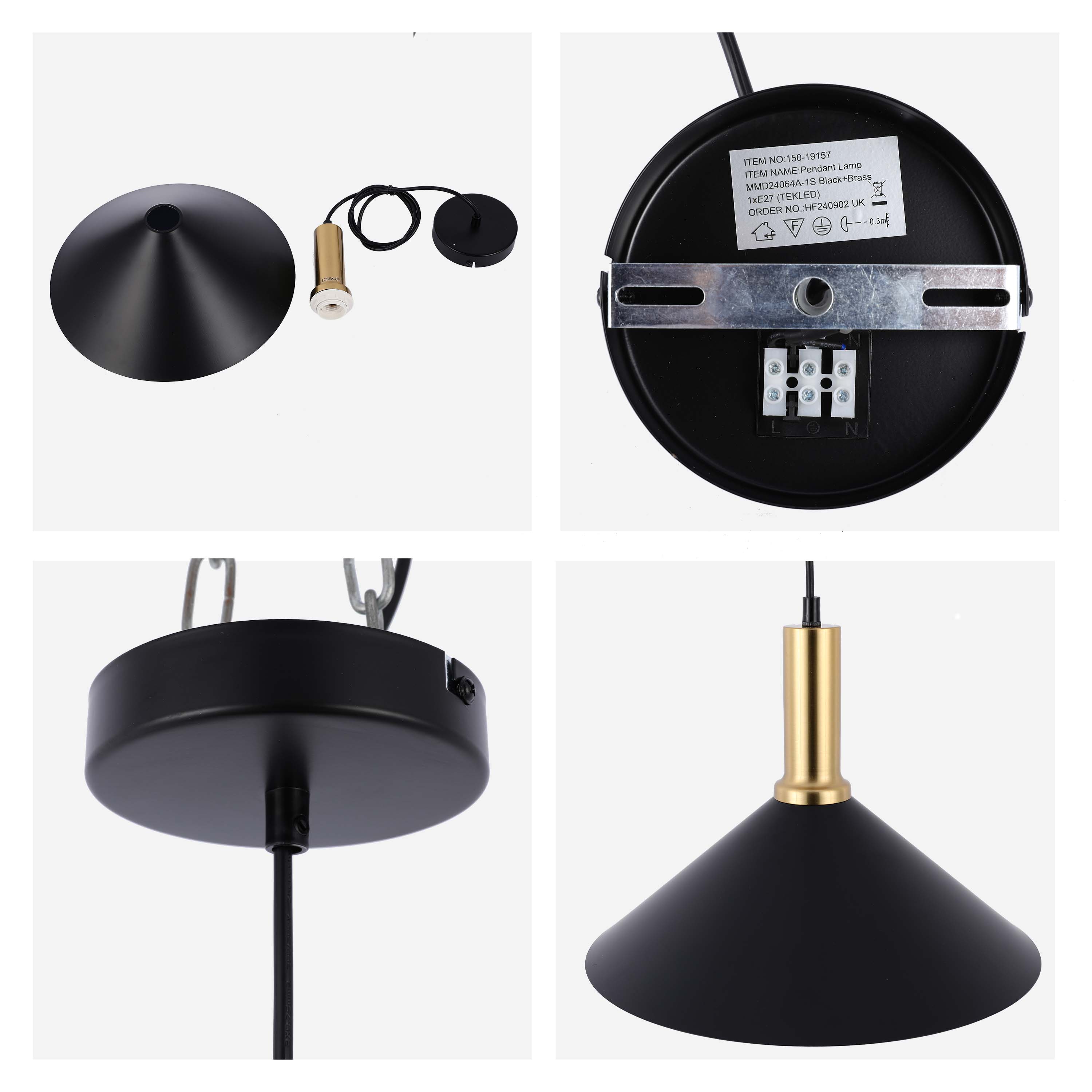 Modern Black Brass Ceiling Pendant Light, Adjustable Drop, E27