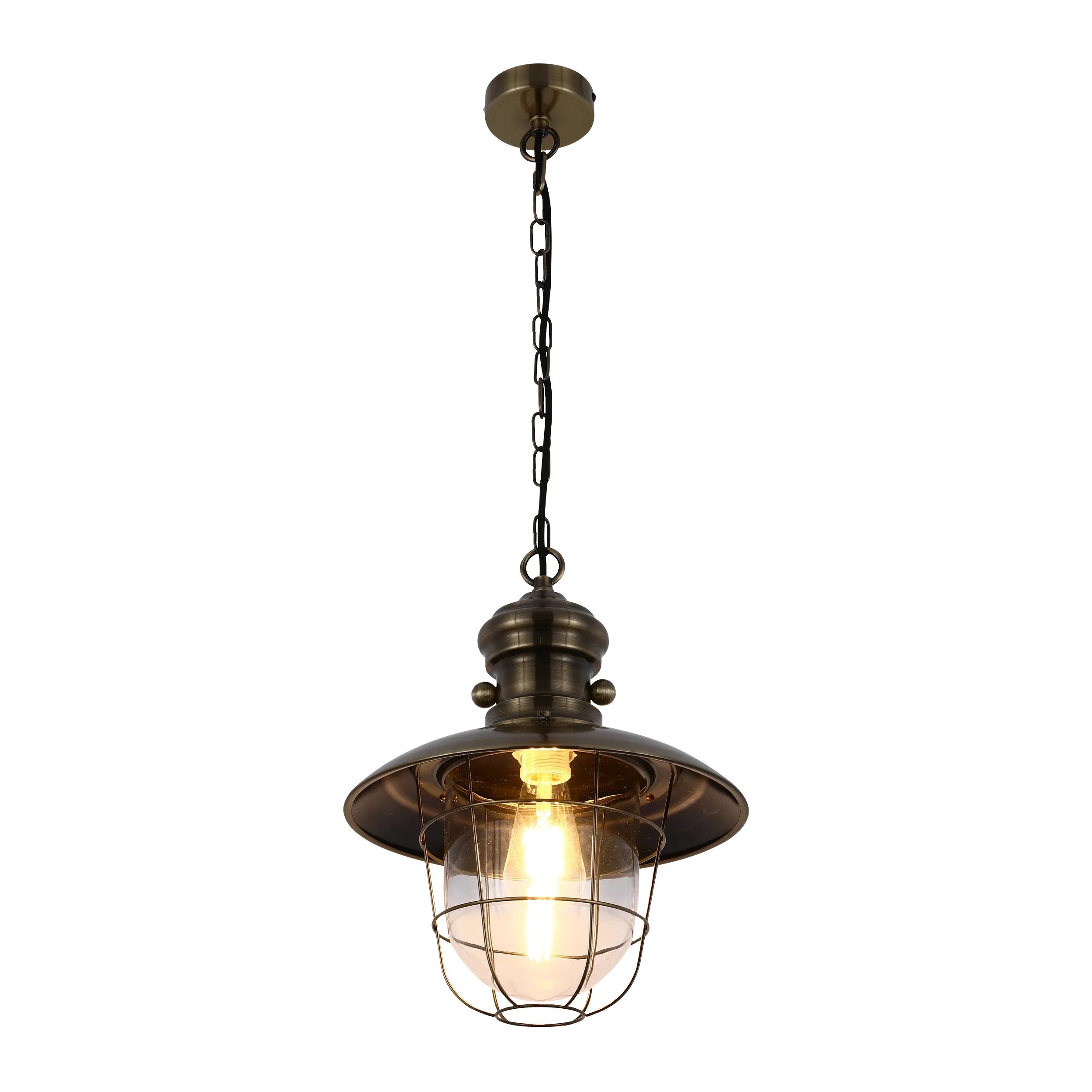 Industrial Cage Pendant Lights - Antique Brass and Black with Red Detailing