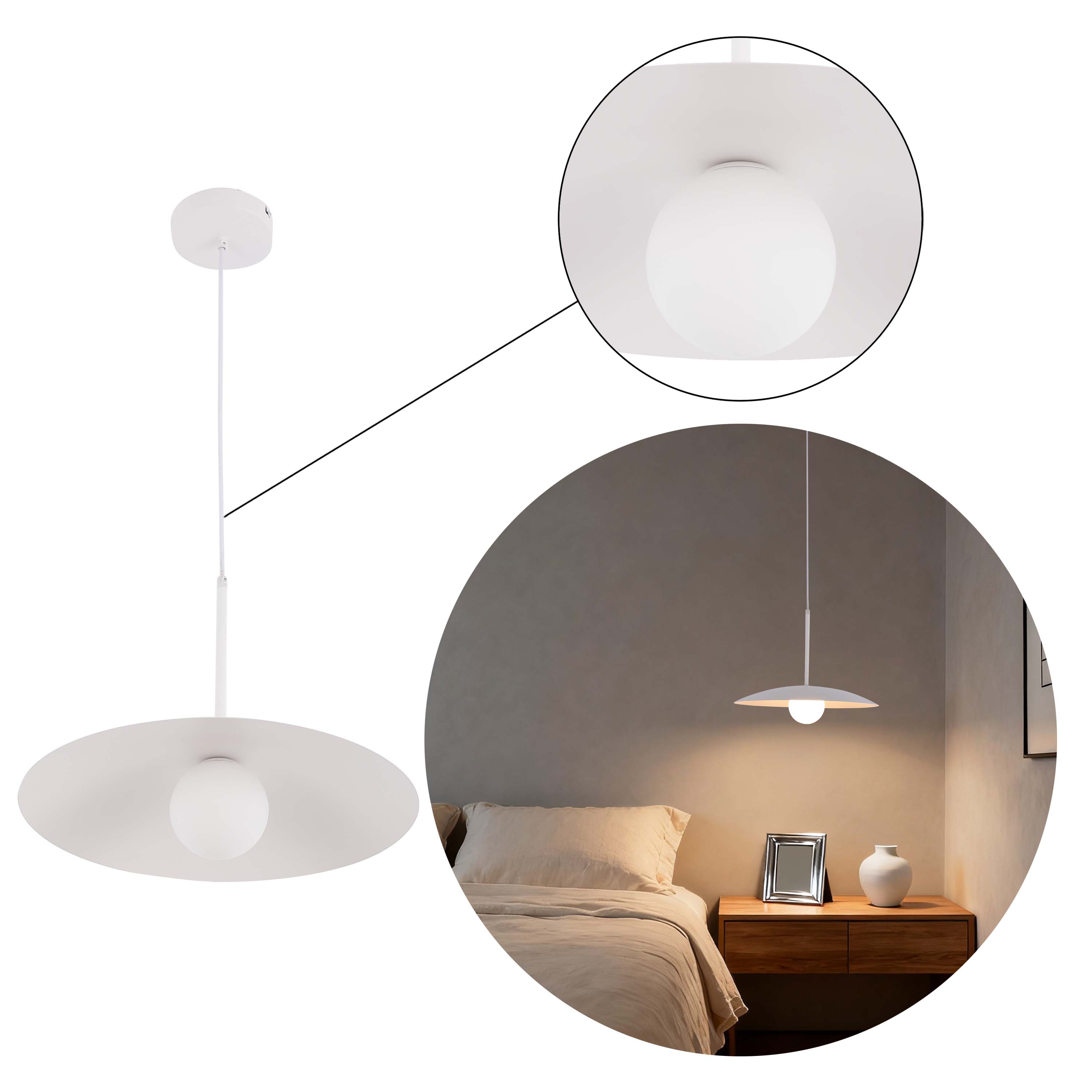 Minimalist White Flat Plate Pendant Light with Opal Globe Glass, G9