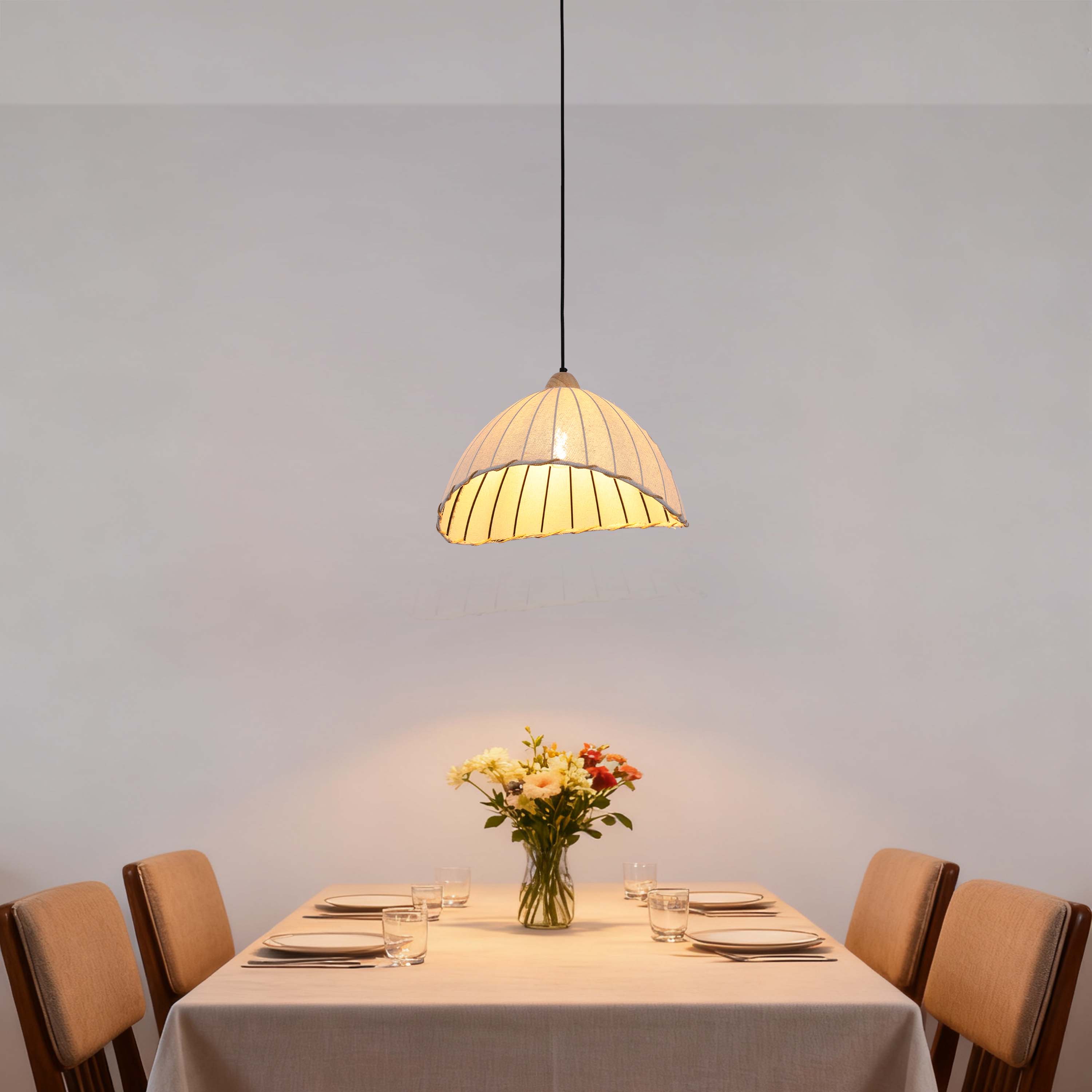 Boho Asymmetric Beige Linen Shade Pendant Light with Black Accents, E27