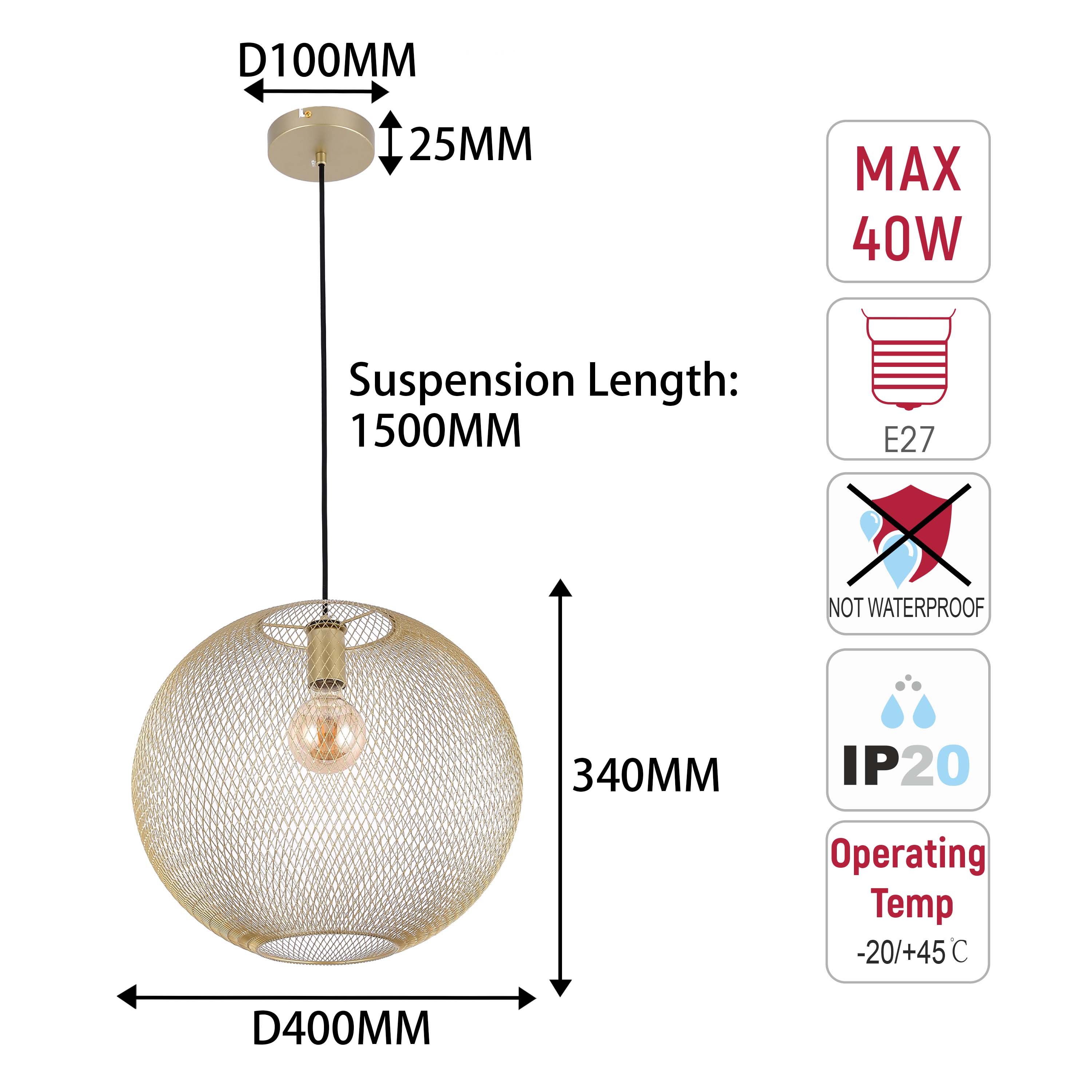 Modern Gold Wire Mesh Globe Pendant Light, E27 (40cm & 48cm Options)