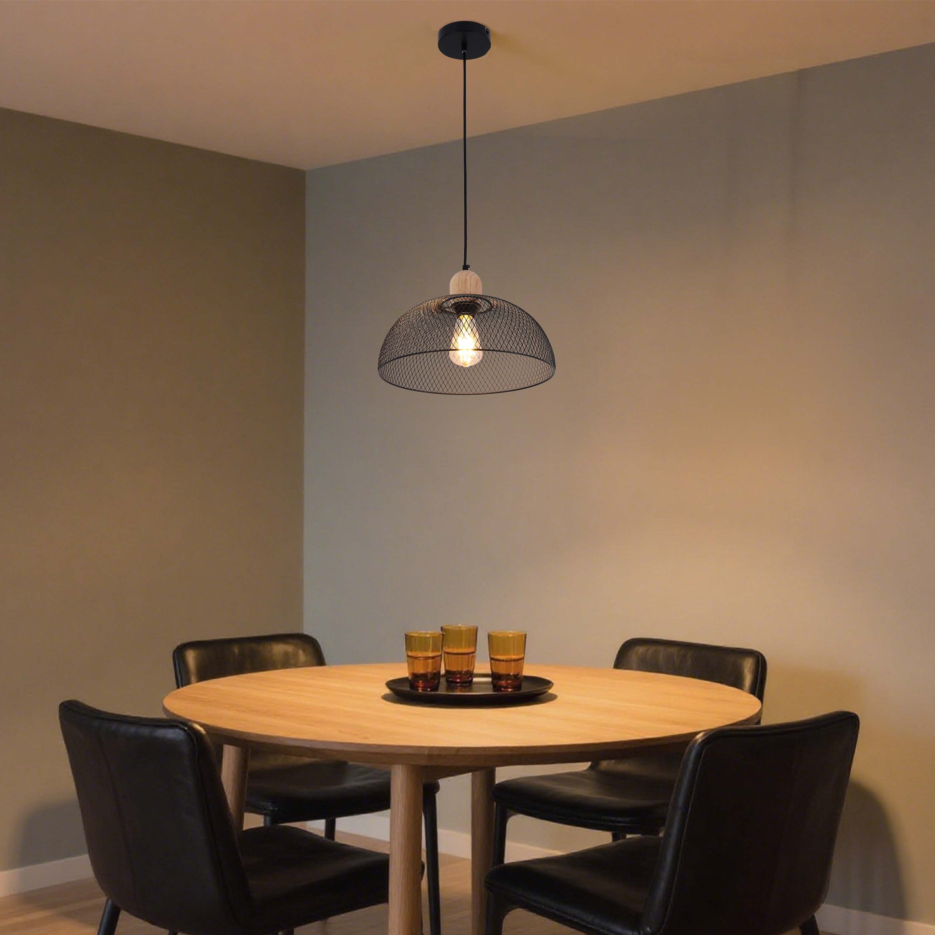 Industrial Black Wire Mesh Dome Pendant Light with Wood Accent, E27