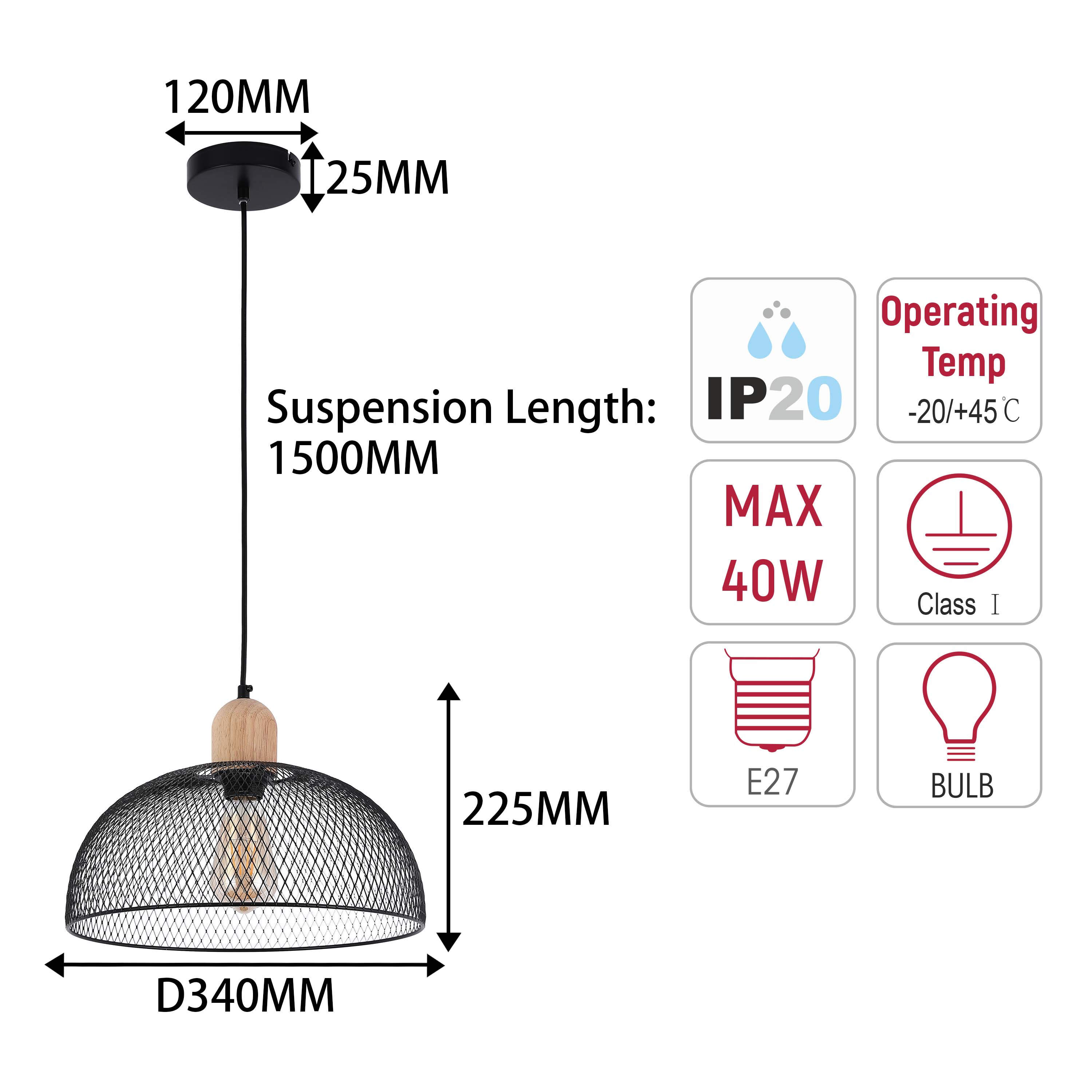 Industrial Black Wire Mesh Dome Pendant Light with Wood Accent, E27