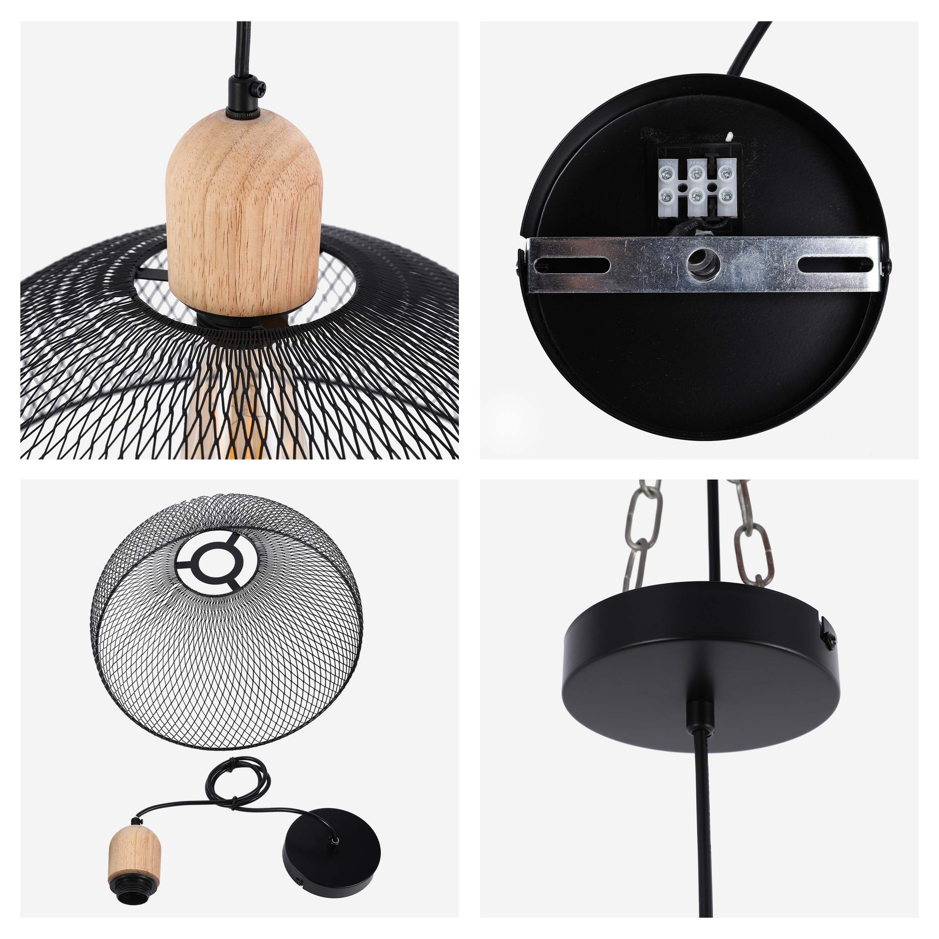 Industrial Black Wire Mesh Dome Pendant Light with Wood Accent, E27