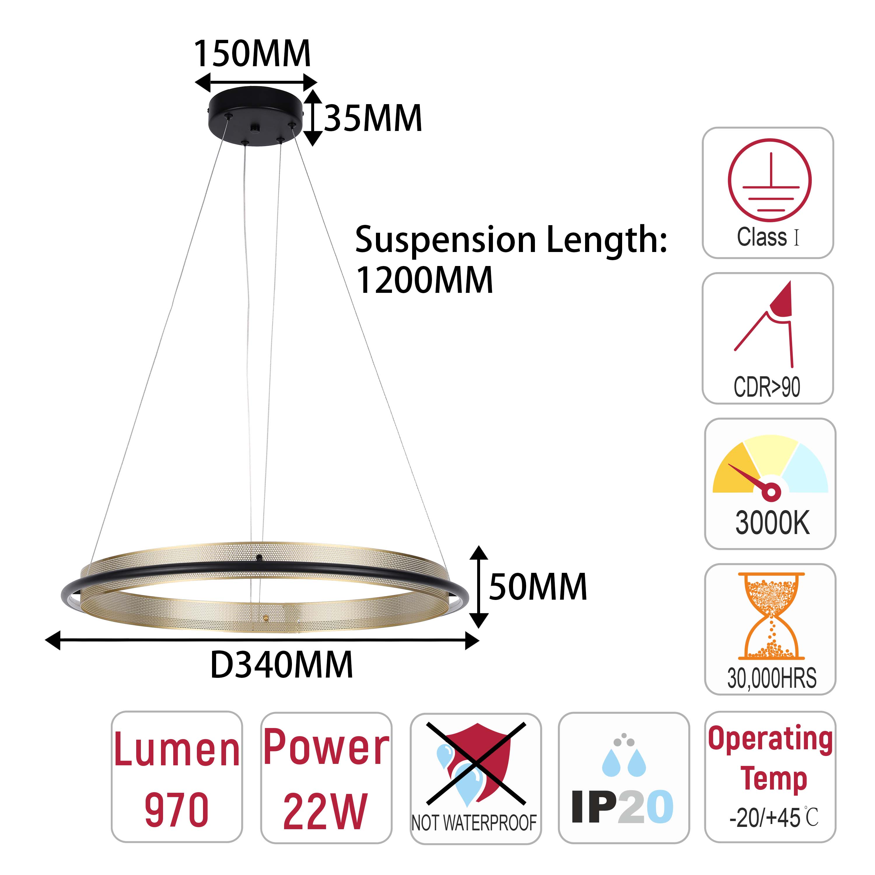 Modern Black & Gold LED Ring Chandelier, 3000K (Single & Double Halo)