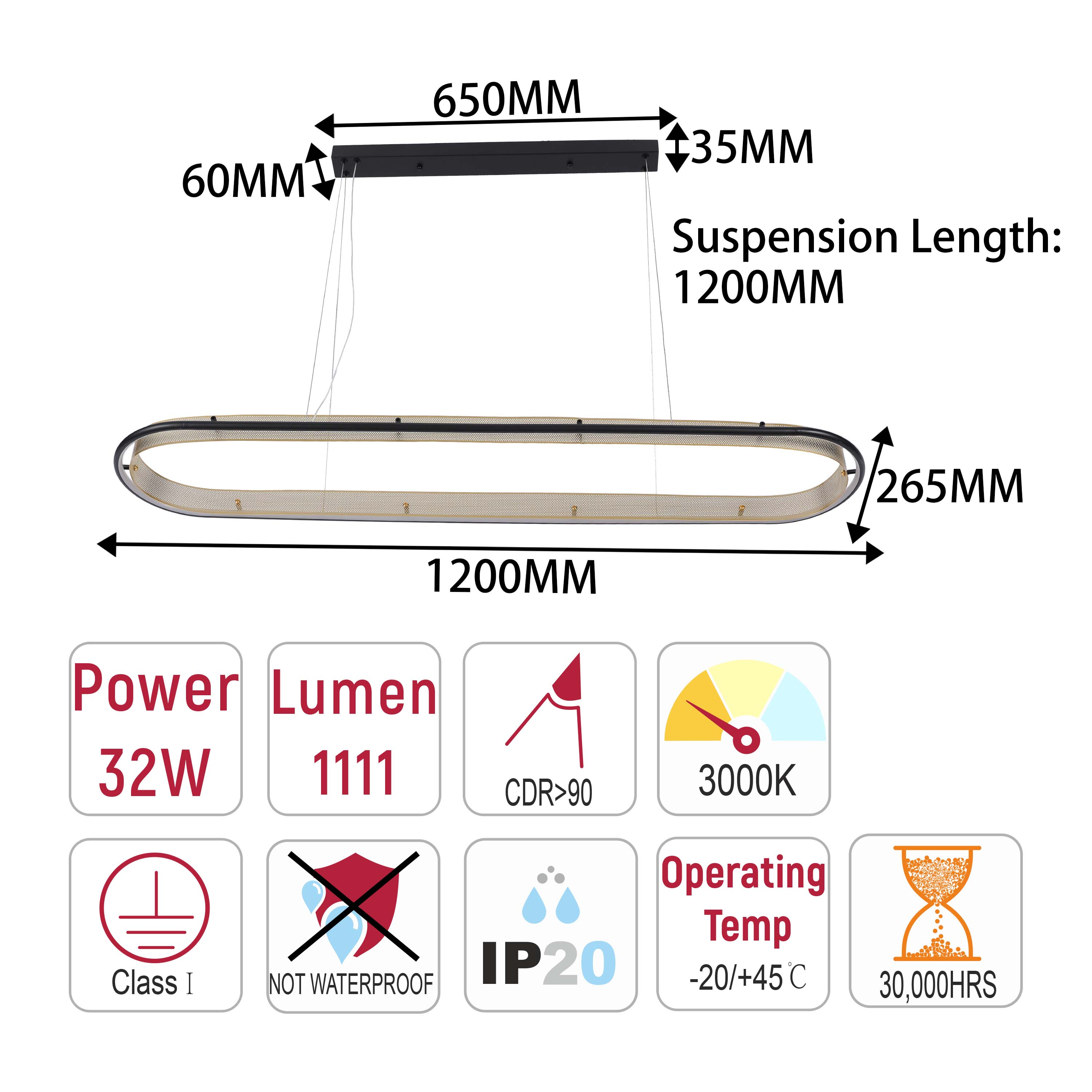Modern Black & Gold Linear LED Island Pendant, 120cm 3000K