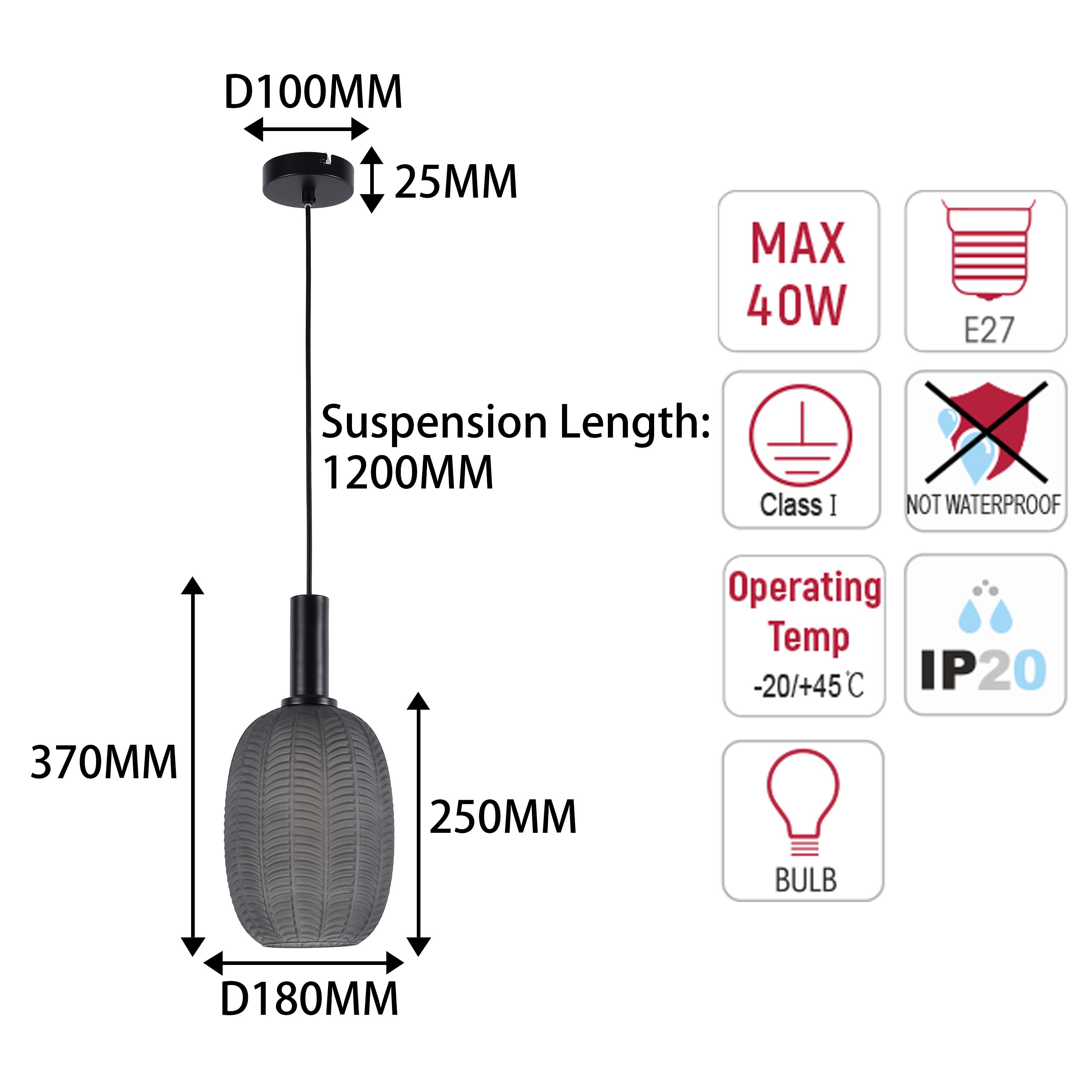 Modern Smoked Grey Textured Glass Pendant Light, E27 Dimmable