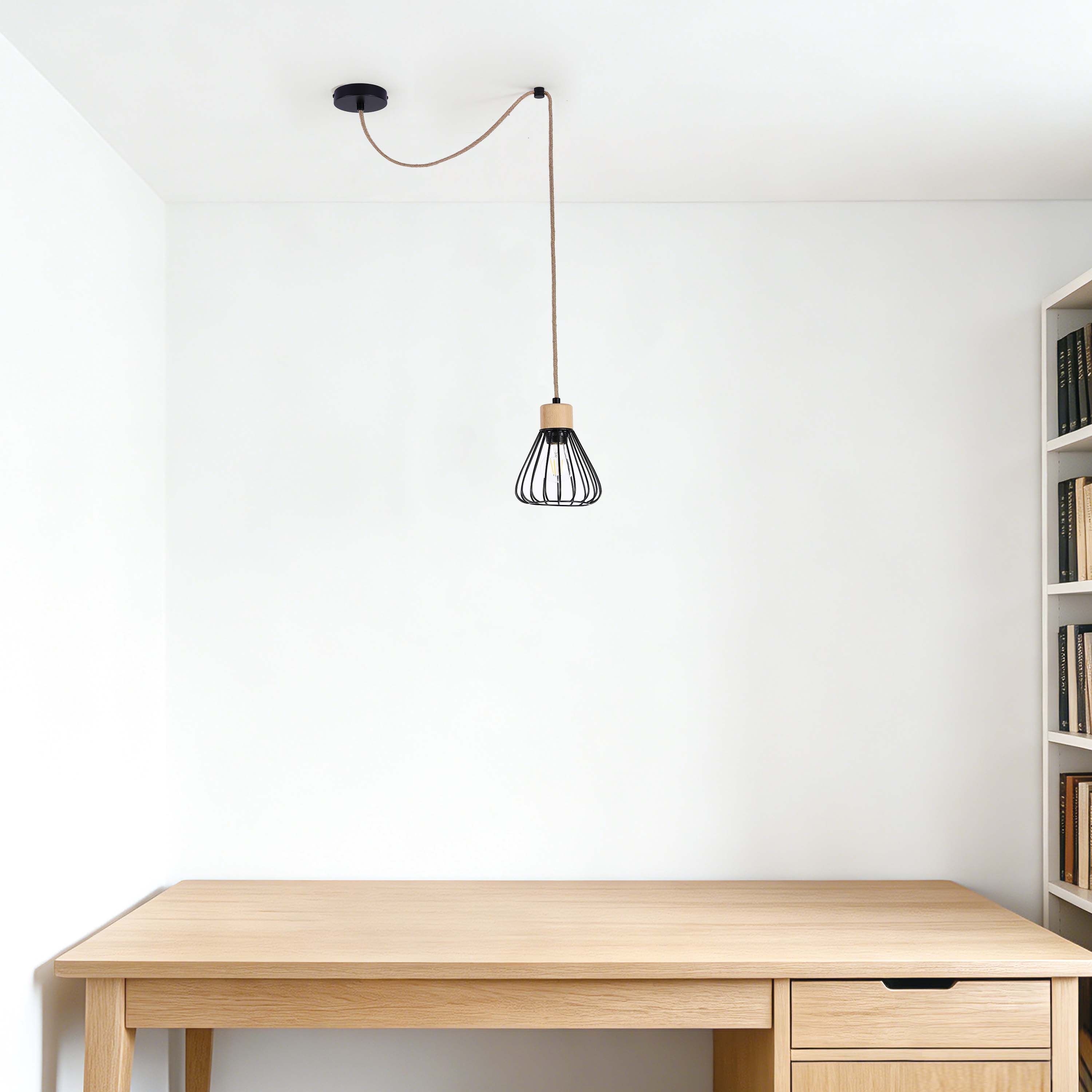Industrial Wire Cage Pendant Light with Hemp Rope, E27 Dimmable